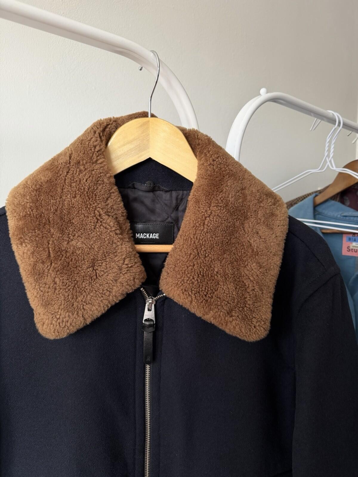 MACKAGE Theo Wool Cashmere Shearling Jacket Real Sheepskin Fur Navy Blue Coat