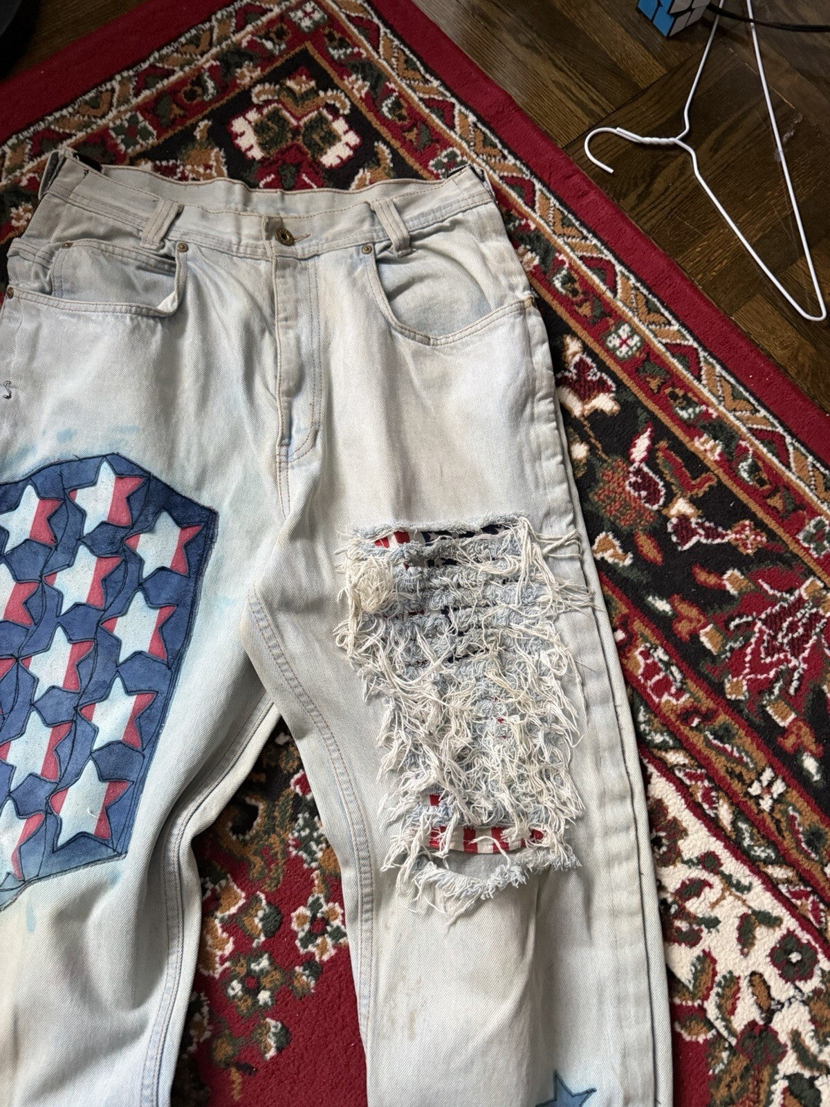 Vintage 90s Parasuco Distressed USA Flag Stars Jeans Light Wash Denim