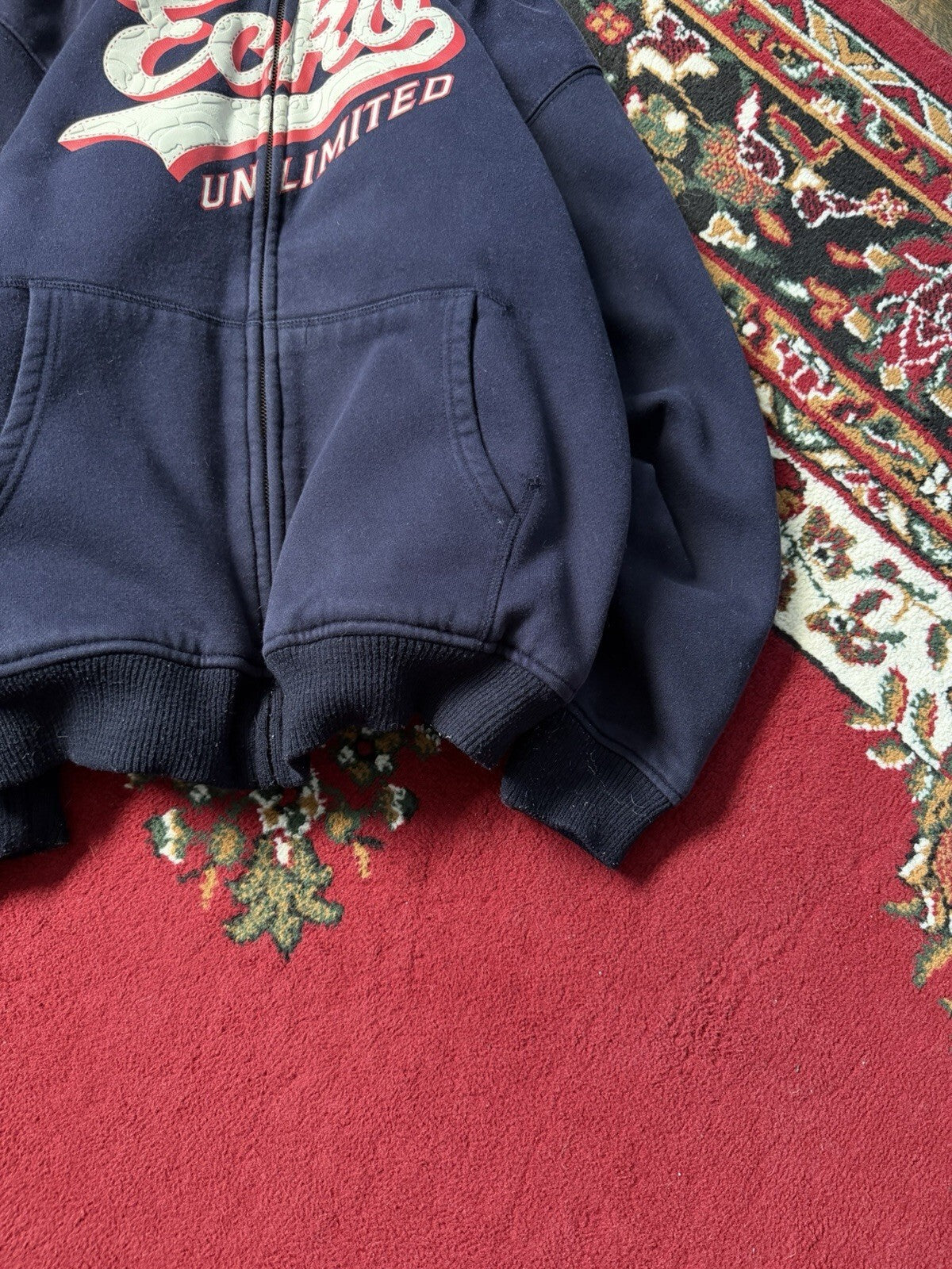 Vintage Ecko Navy Blue Jacket XL Sherpa Fur Lined Hoodie Fleece Y2K Zip AOP
