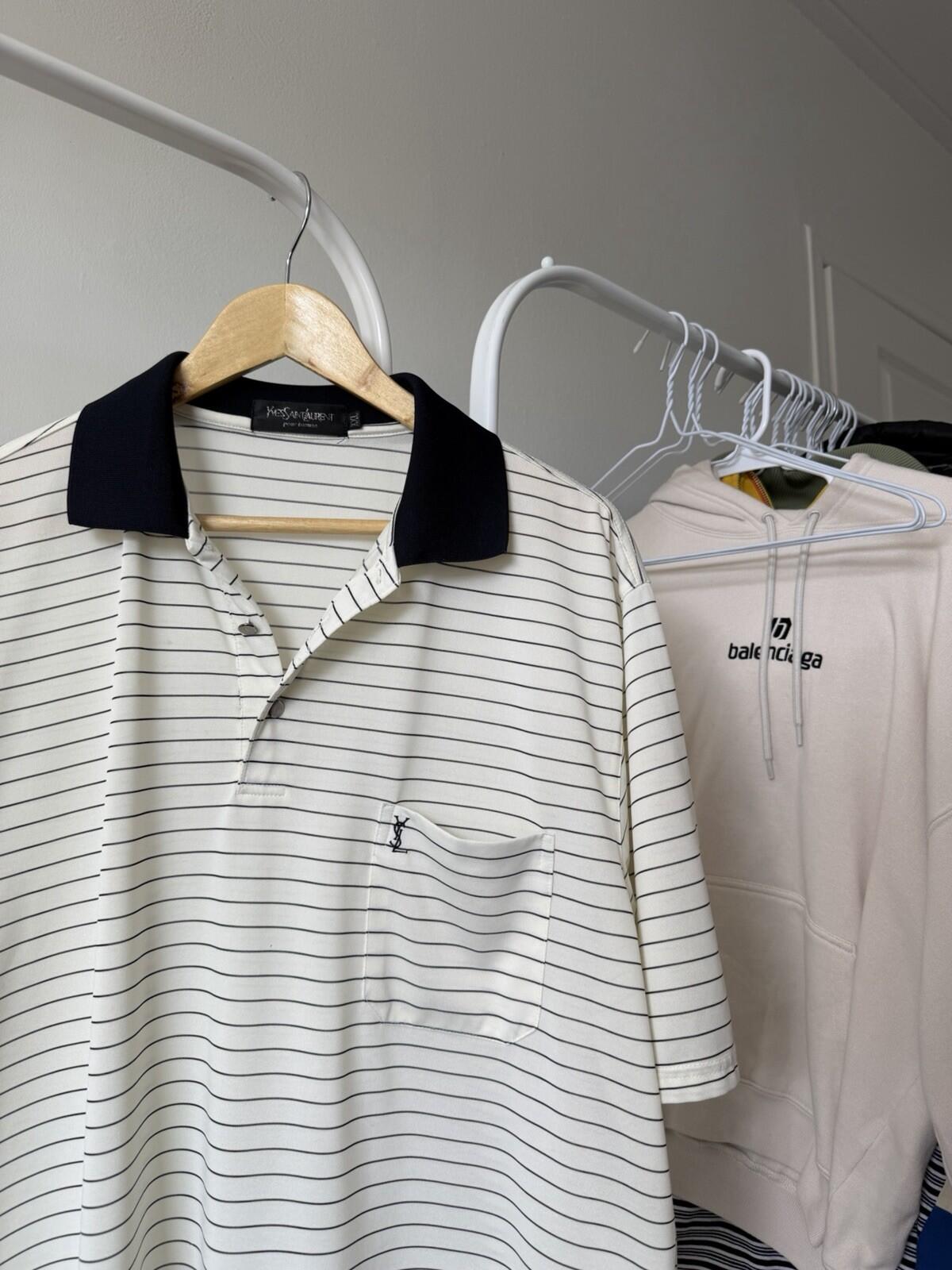 Yves Saint Laurent Cream & Black YSL 100% Silk Polo T-Shirt Mens Size XXL Tee