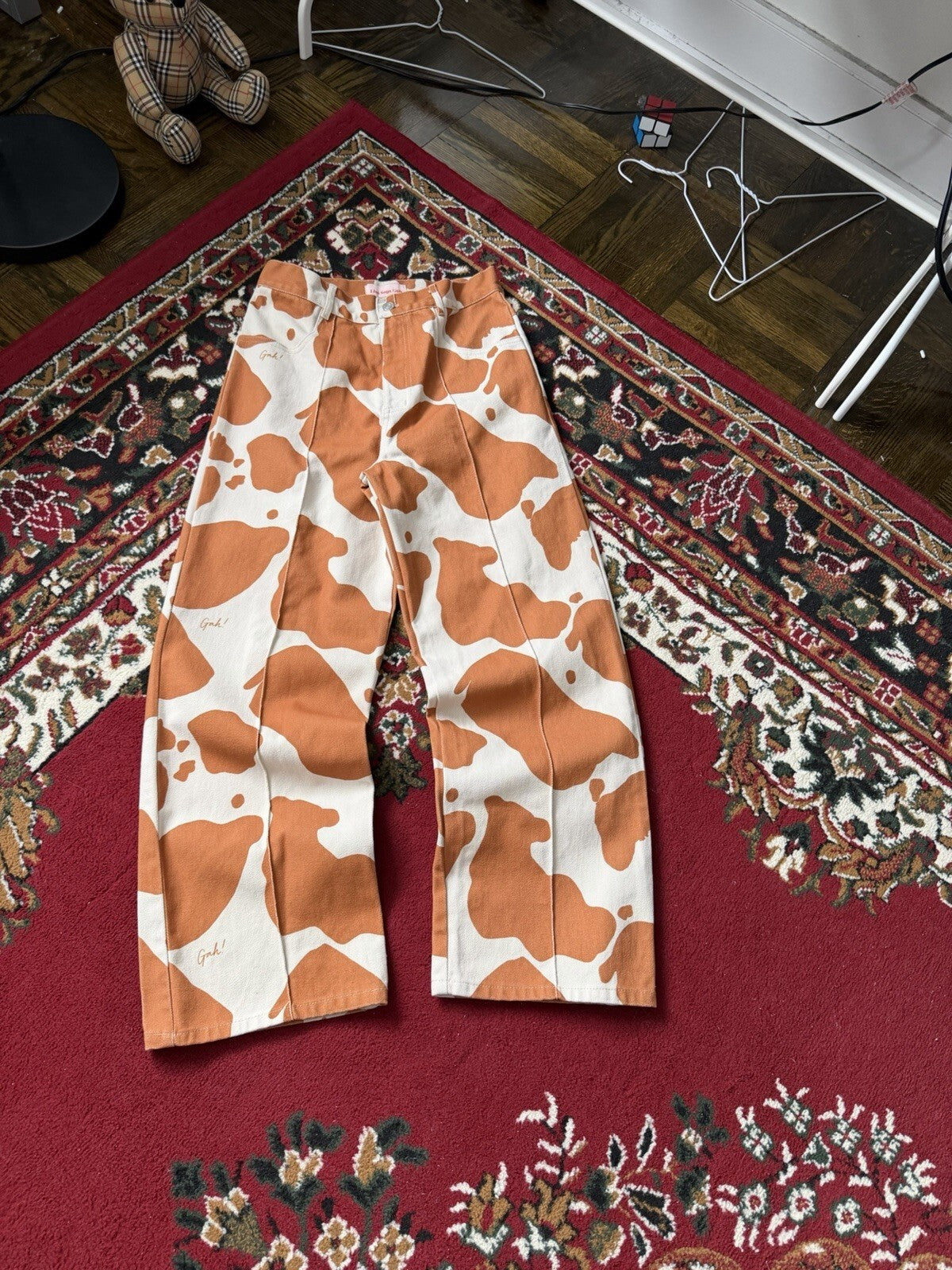 Lisa Says Gah Wide-Leg Jeans Cow Print Orange White 29