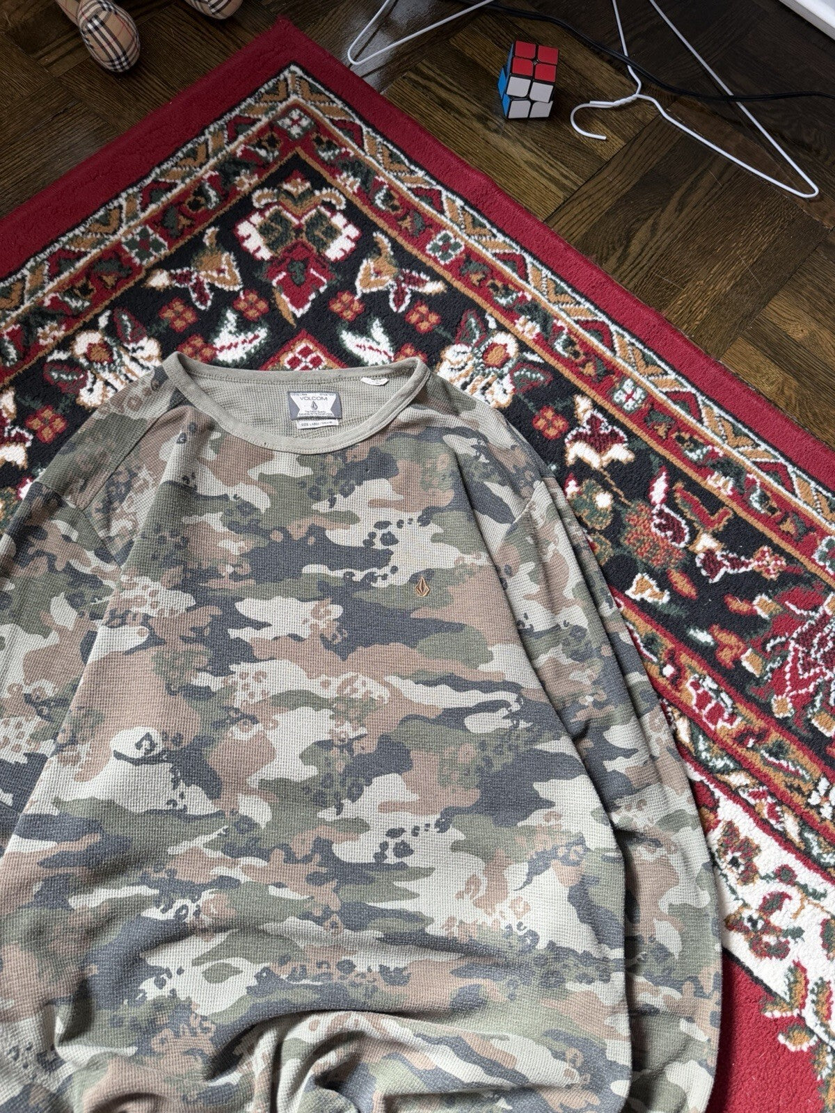 Y2K Volcom Stone Camo Thermal Waffle Knit Vintage Shirt Men L Sweater Skater