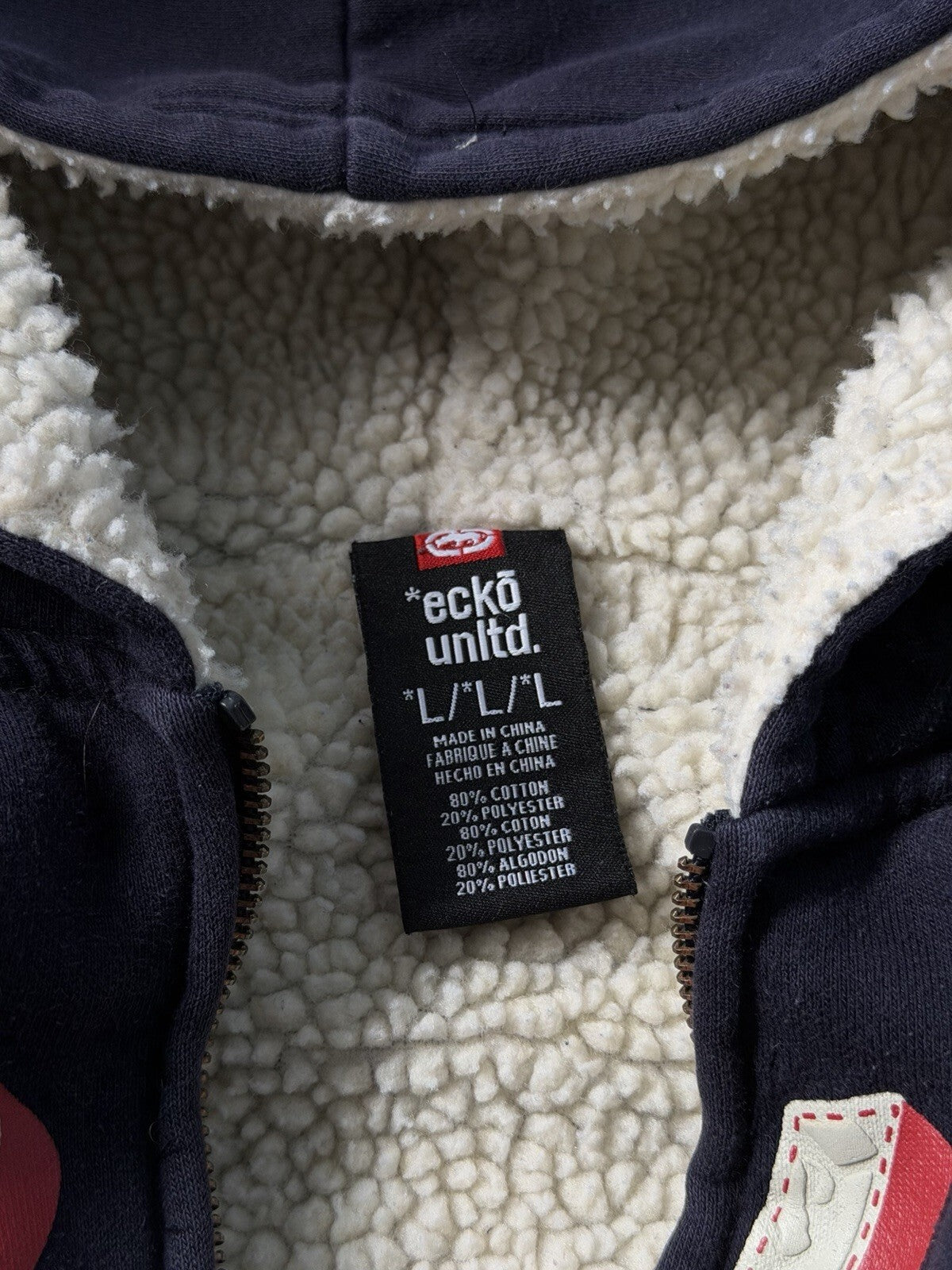 Vintage Ecko Navy Blue Jacket XL Sherpa Fur Lined Hoodie Fleece Y2K Zip AOP