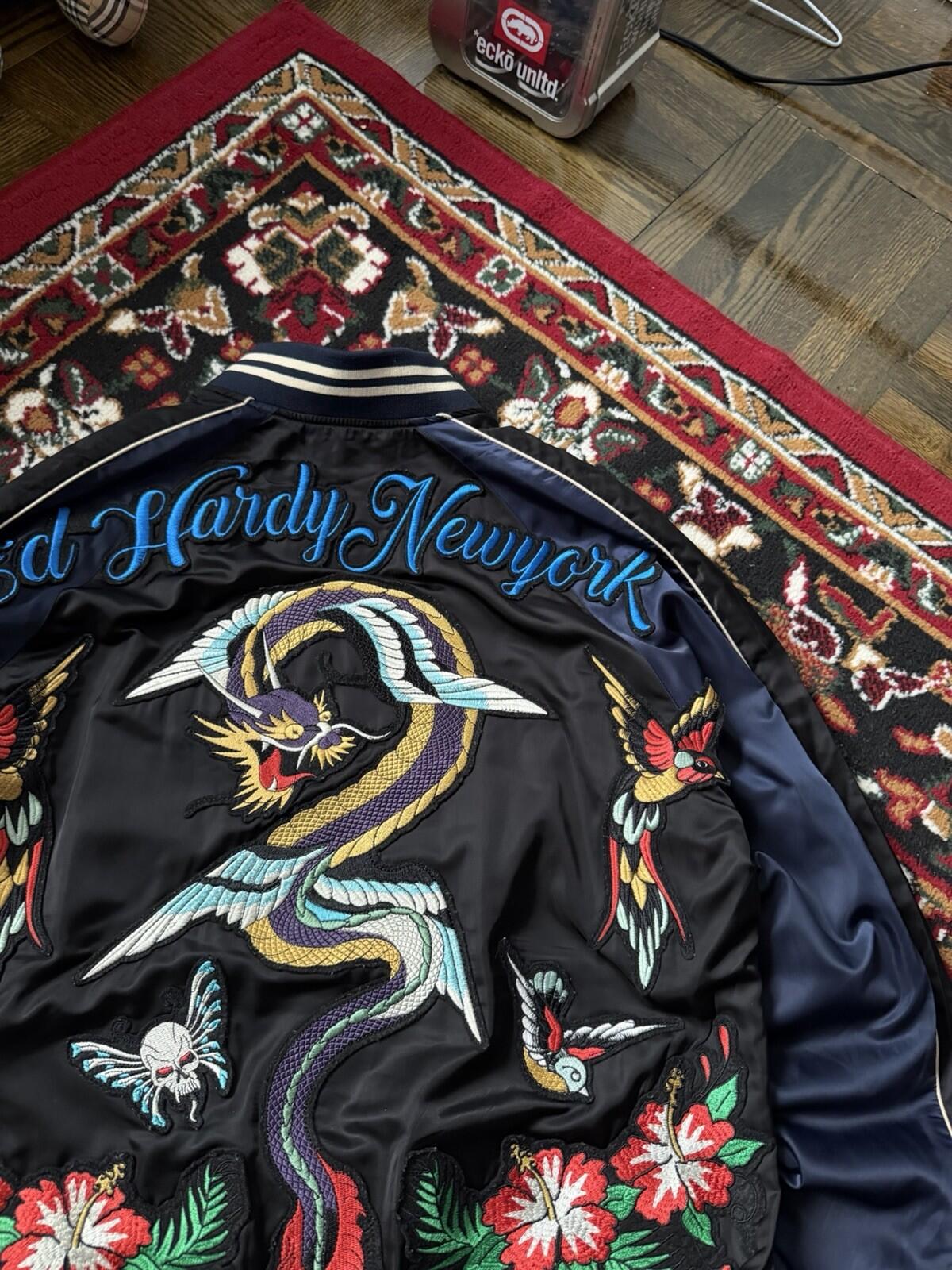 VTG Ed Hardy New York Dragon Japanese Satin Souvenir Bomber Jacket Size M Y2K