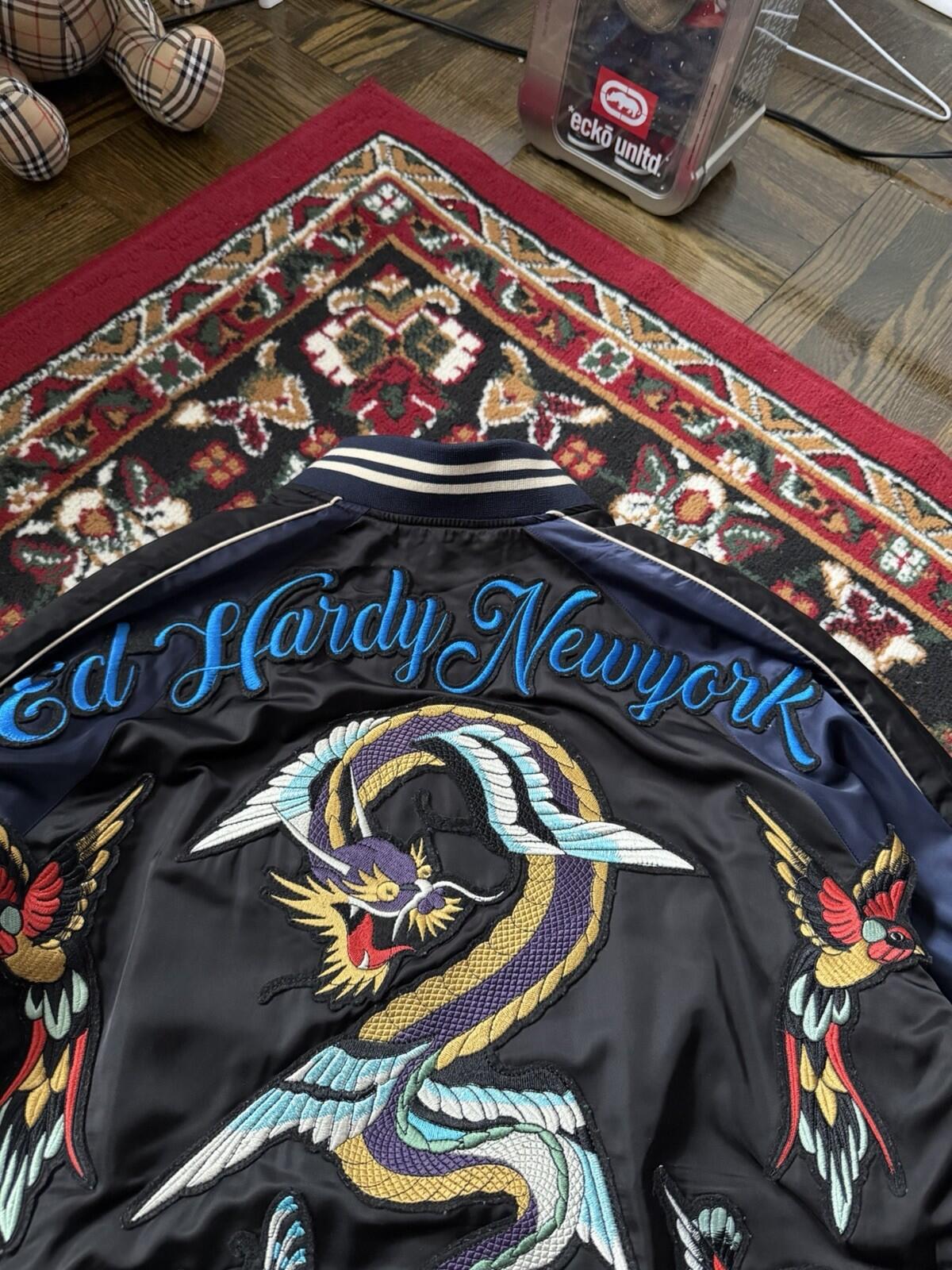 VTG Ed Hardy New York Dragon Japanese Satin Souvenir Bomber Jacket Size M Y2K