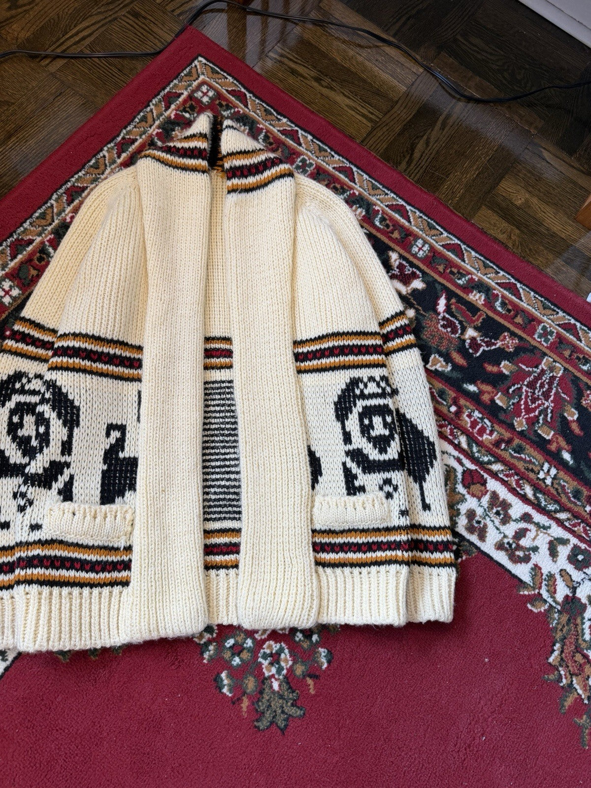 Vintage 70s Hand knit Cowichan Cardigan Lama Open Robe Style Sweater Sz S/M
