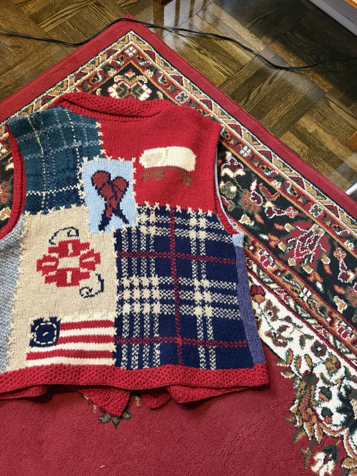 Vintage Eddie Bauer Sweater Vest Mens XL Wool Knit Patriotic Patchwork 90s USA