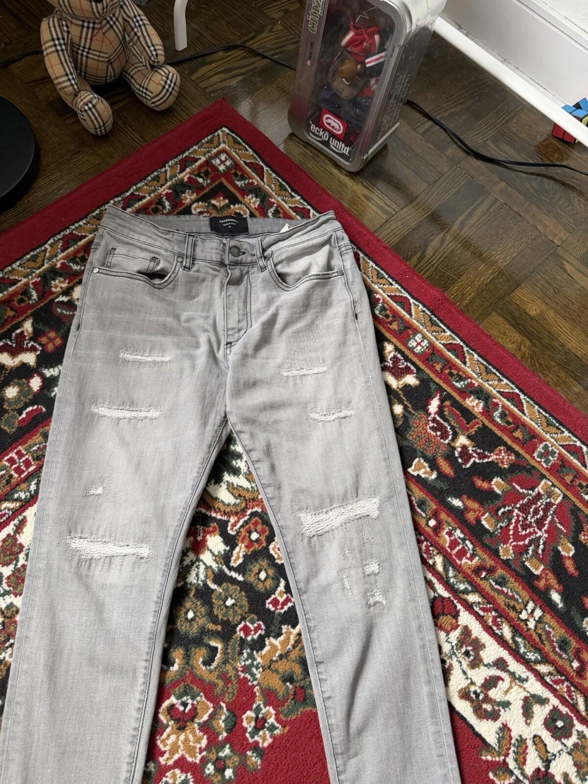 REPRESENT Distressed Slim Fit Jeans Flat Grey Size 34 Men's Repaired Denim Pants