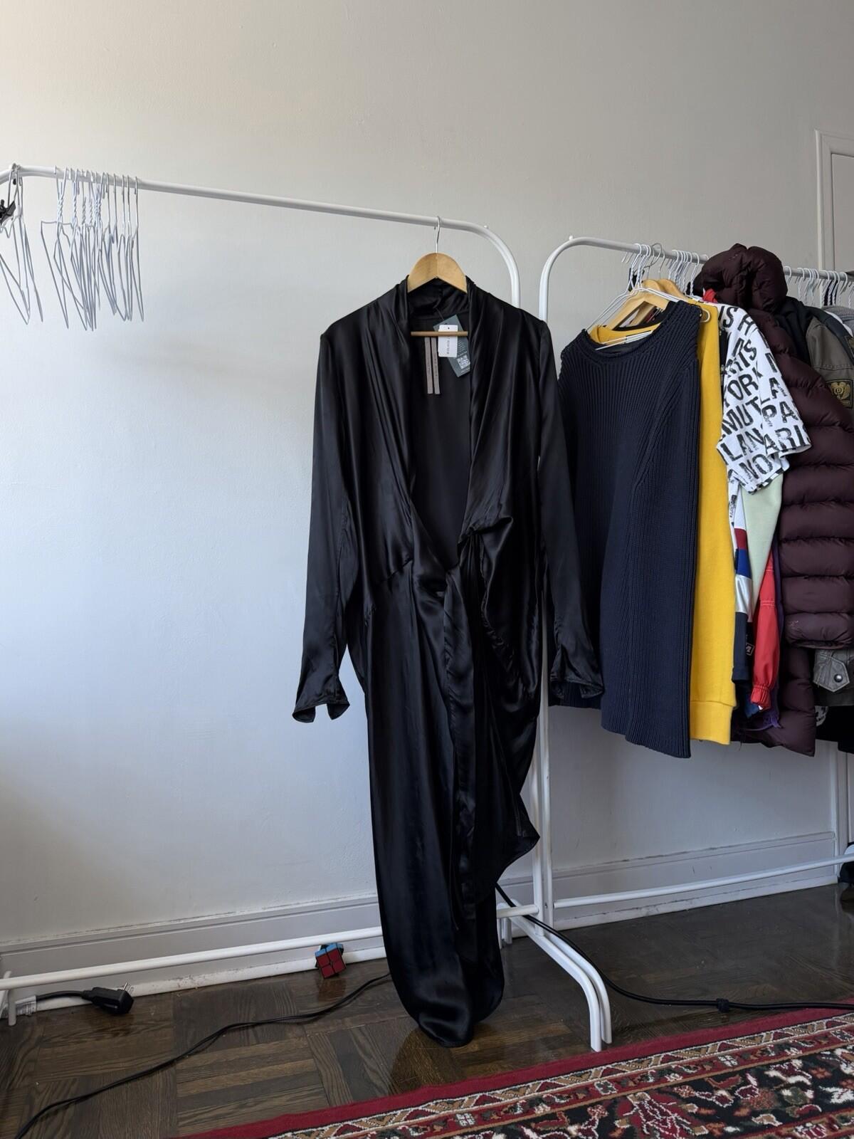 RICK OWENS FW22 Strobe Cupro Draped Wrap Maxi Dress Zip Long Sleeves 6US 42IT