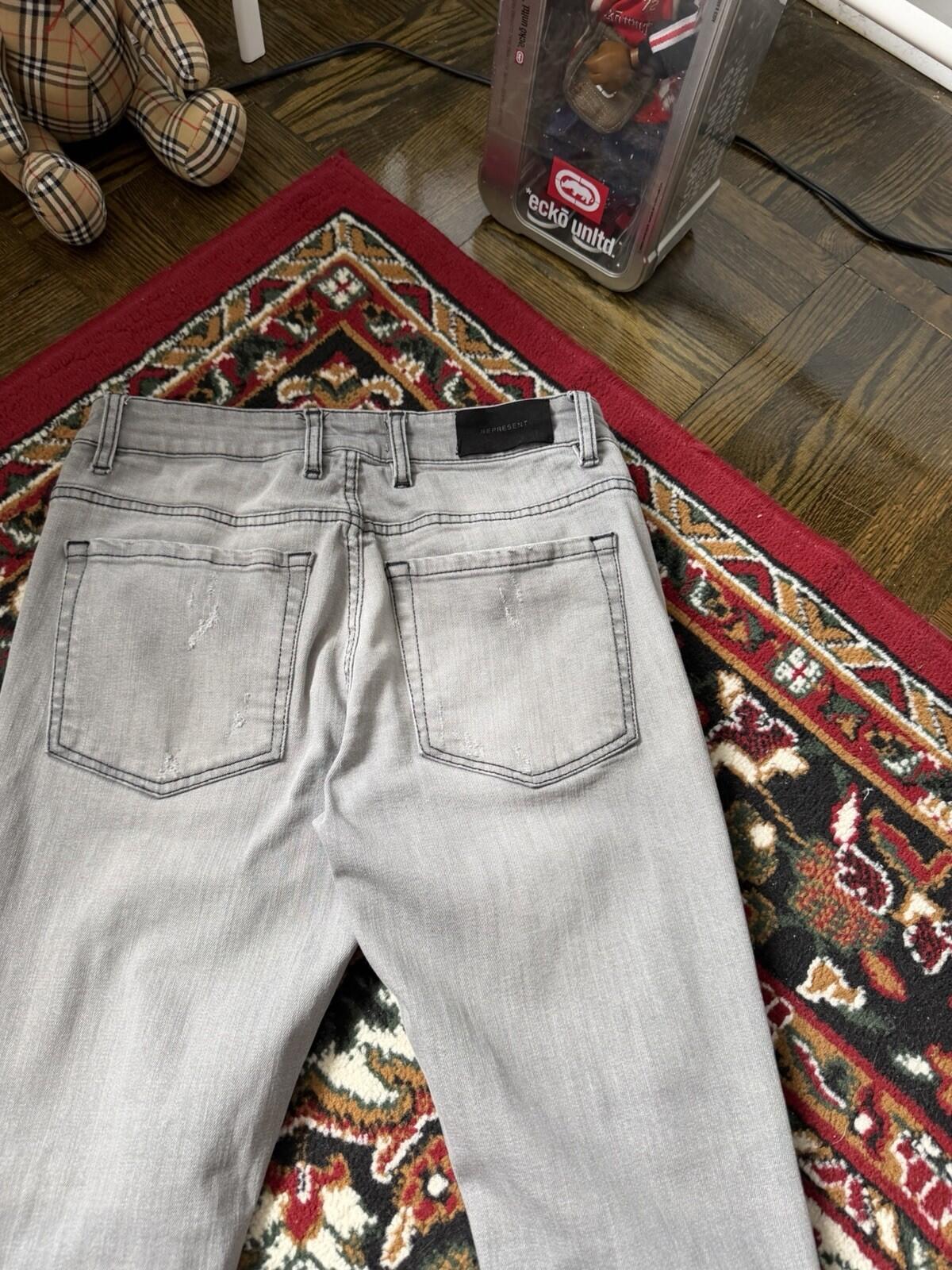 REPRESENT Distressed Slim Fit Jeans Flat Grey Size 34 Men's Repaired Denim Pants