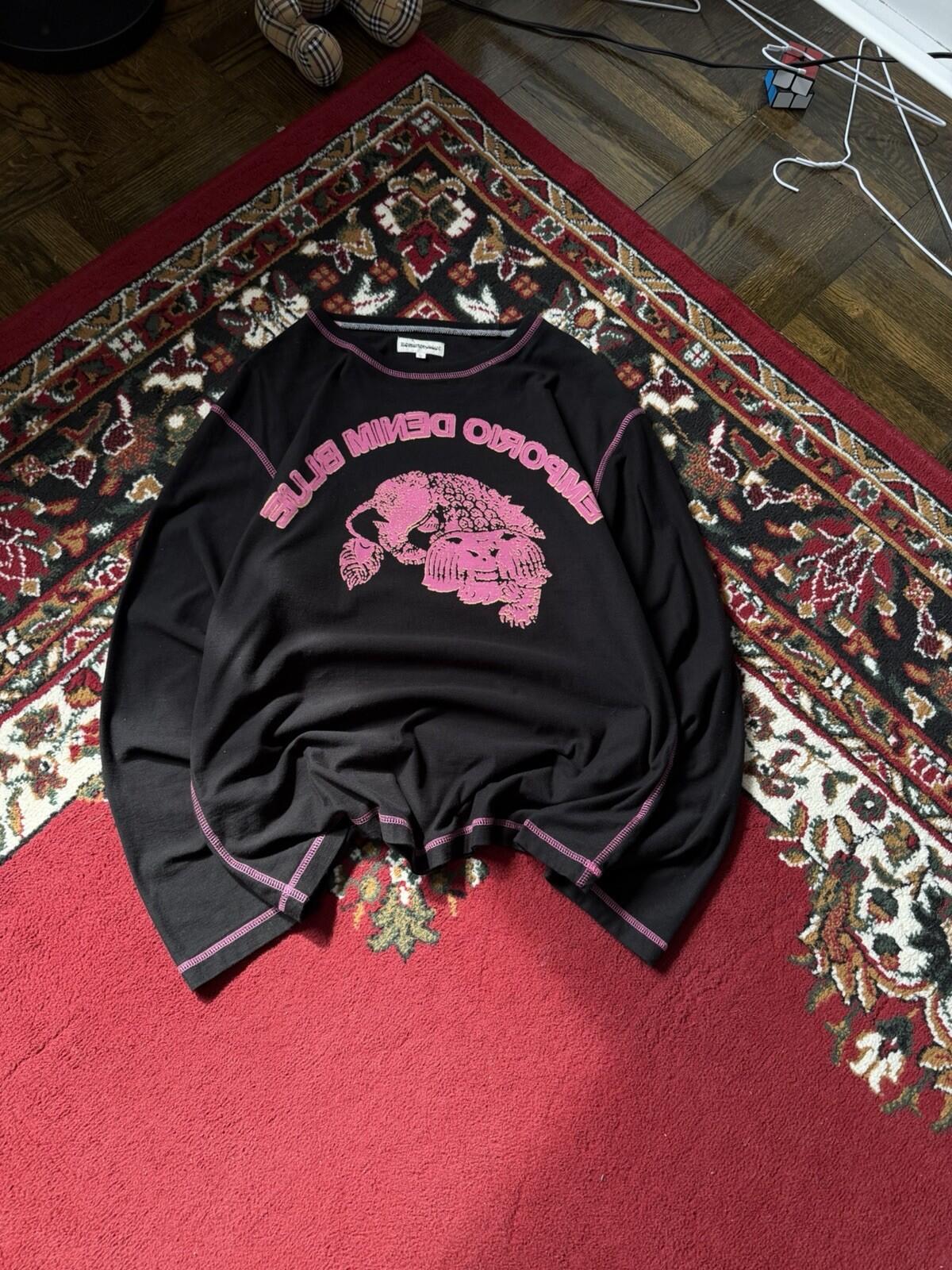 Y2K Emporio Armani Denim Blue Graphic Longsleeve Tee Black Pink Logo