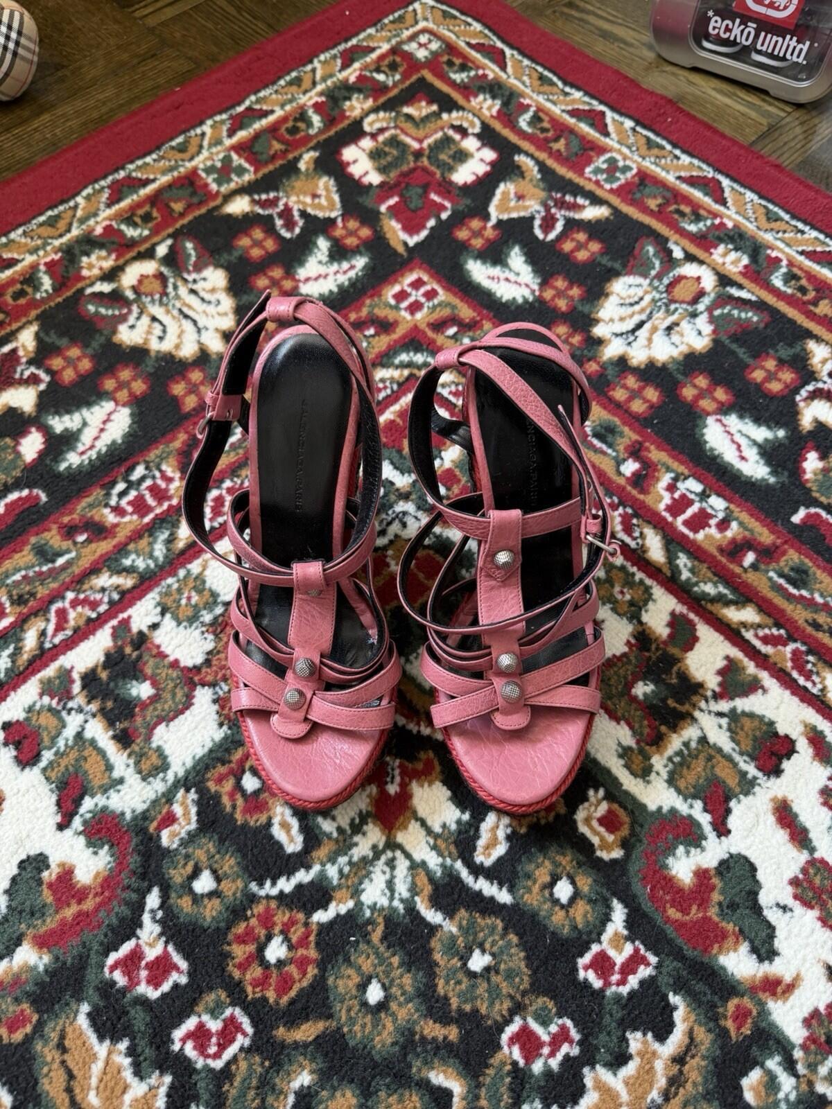 Balenciaga Pink Studded Leather Lacquered Raffia Wedge Platform Sandals Sz.36