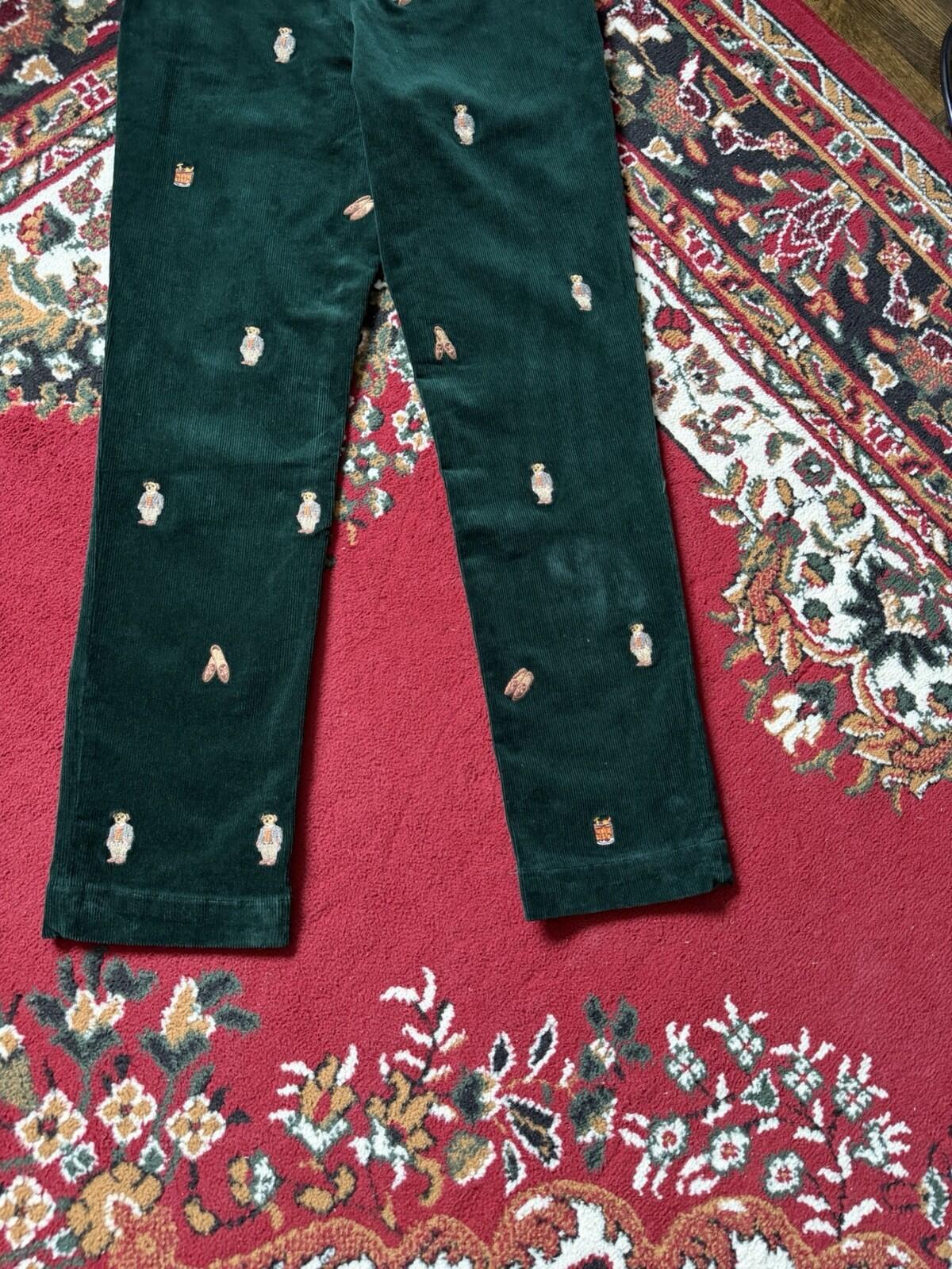 Polo Ralph Lauren Bear Slim Green Corduroy Embroidered Pants Size 30/30