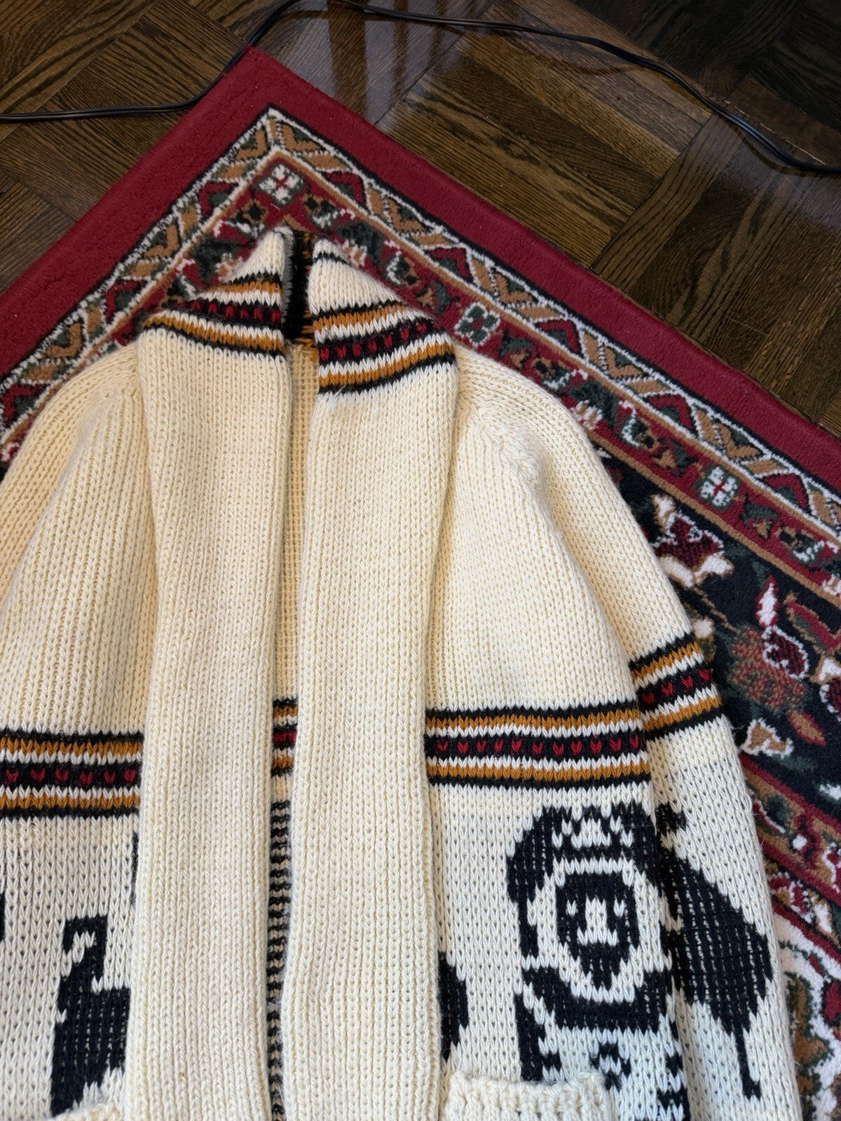 Vintage 70s Hand knit Cowichan Cardigan Lama Open Robe Style Sweater Sz S/M