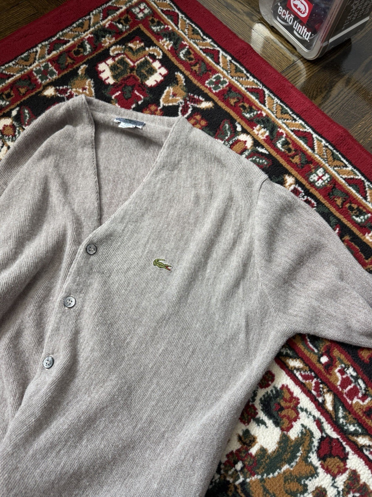 Vintage Izod Lacoste Cardigan Sweater Men Medium Gray Acrylic V-Neck USA