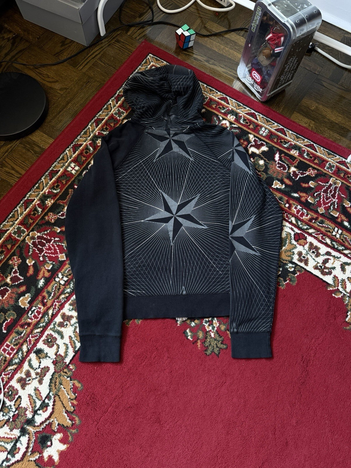 Y2K Fox Vintage All Over Print Grunge Women's XL Black Full-Zip Up Hoodie