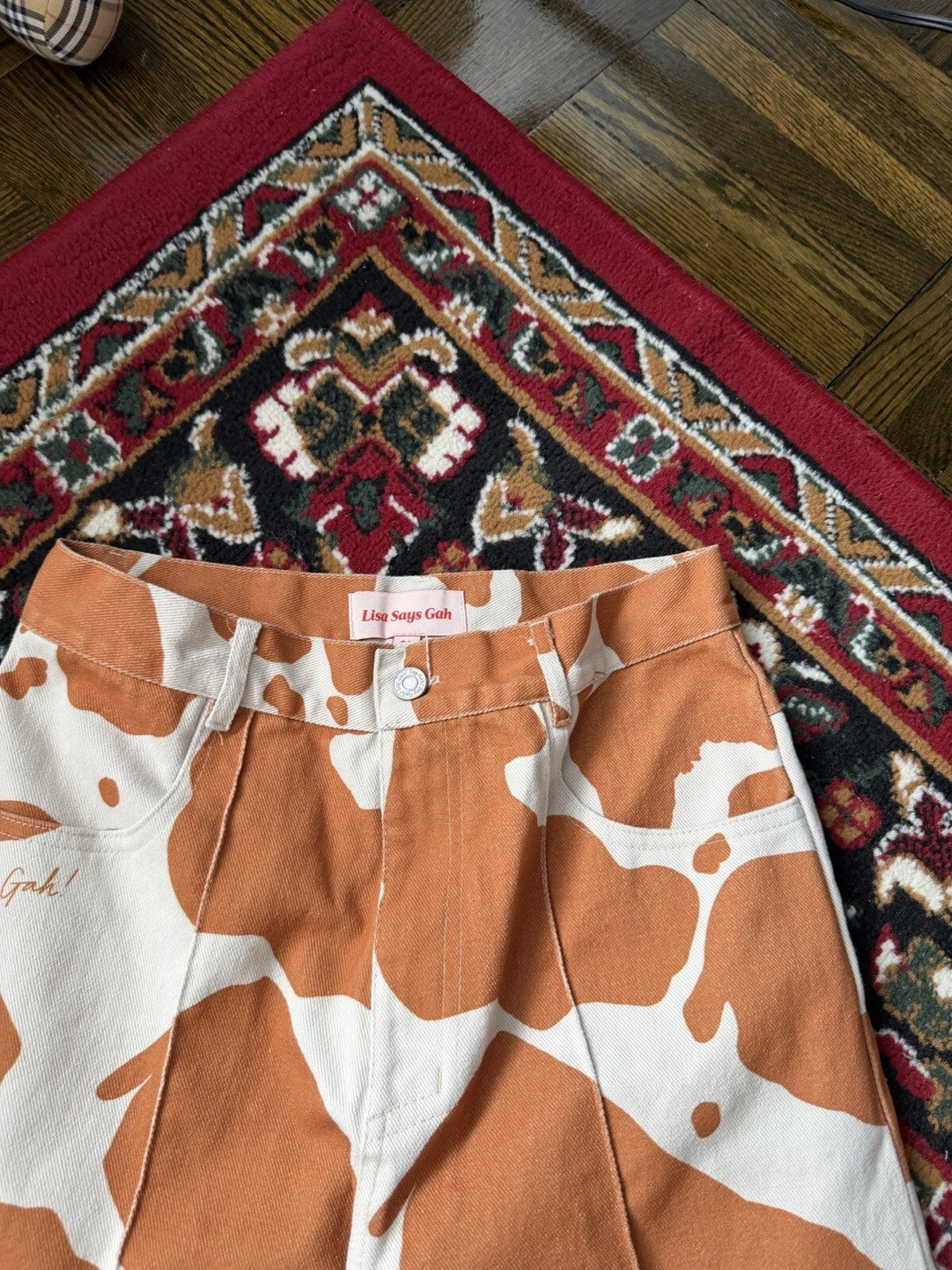 Lisa Says Gah Wide-Leg Jeans Cow Print Orange White 29