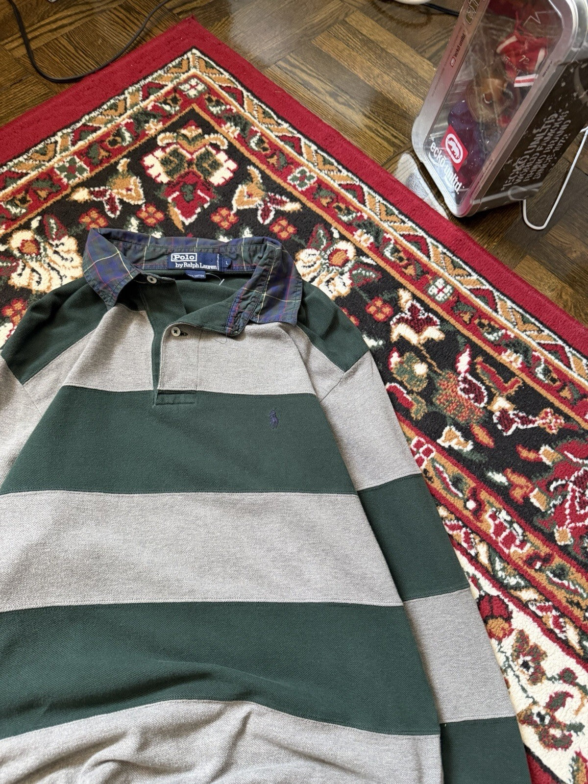 Vintage Polo Ralph Lauren Men Striped Rugby Polo Long Sleeve Green (Sz L)