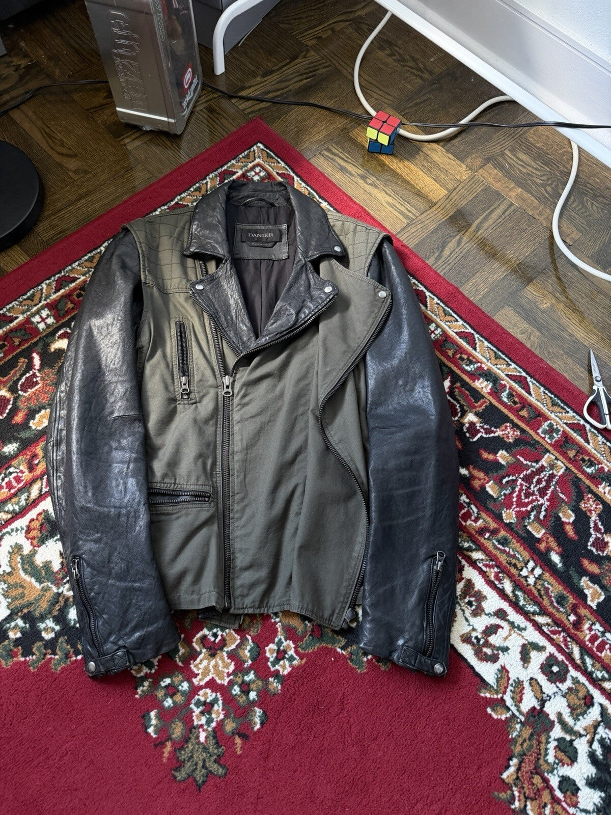 Danier Hybrid Moto Leather Sleeves Asymmetrical Zipper Utility Jacket