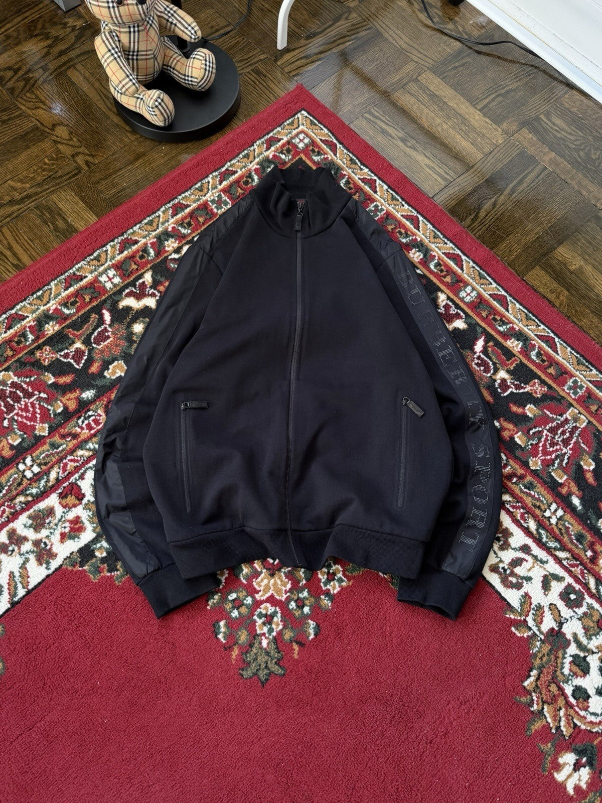 Burberry Sport Black Zip Up Sweater Mesh Logo On Sleeve Size L