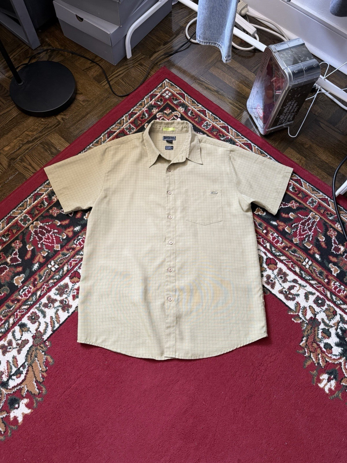 Vintage Oakley Shirt 3D Metal Logo Geometric Short Sleeve Button Up Mens L Y2K