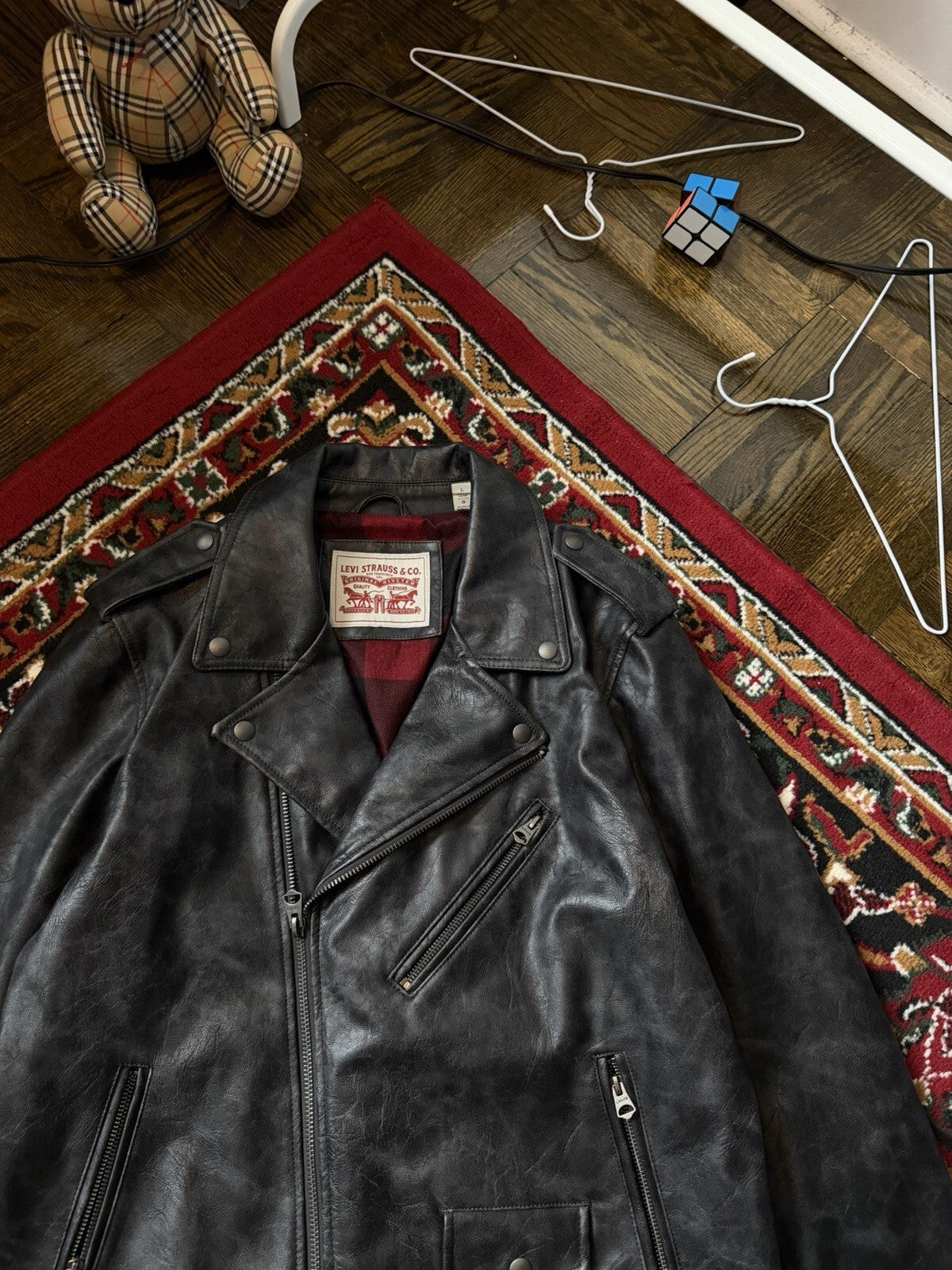Levi’s Black Faux Leather Moto Jacket Men’s Large Biker USA Buffalo Plaid Lining