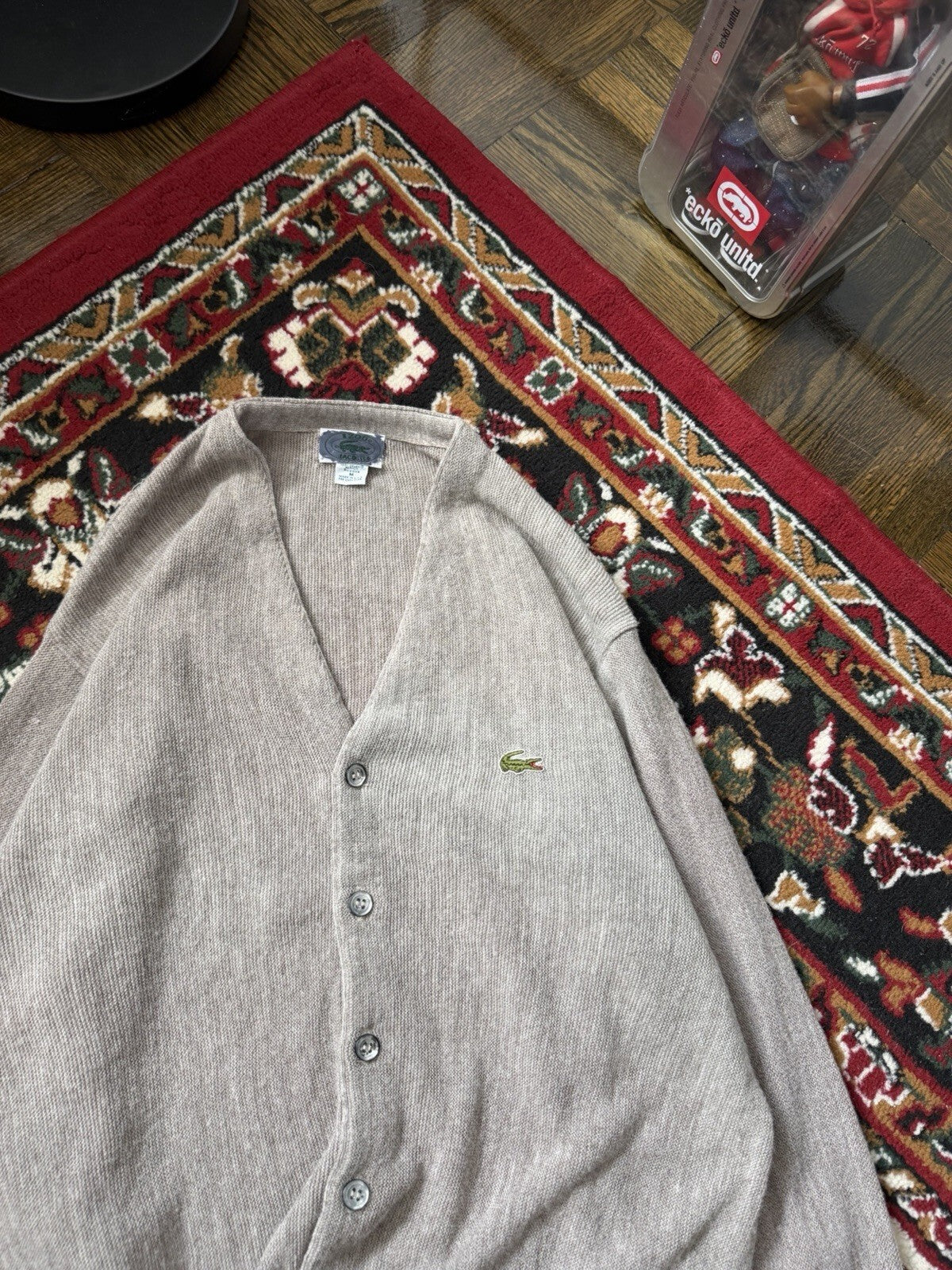 Vintage Izod Lacoste Cardigan Sweater Men Medium Gray Acrylic V-Neck USA