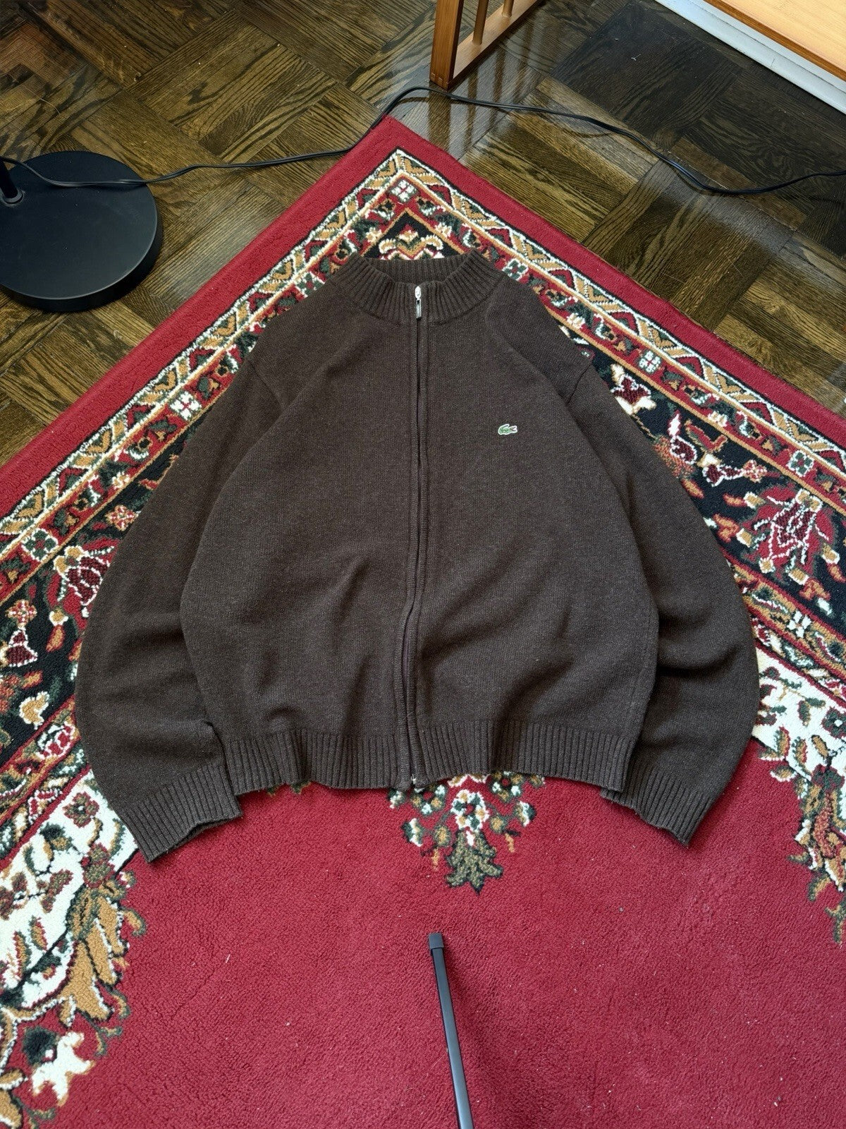 90s Lacoste Vintage Wool Mocha Brown Knit Full Zip Sweater Mens XL