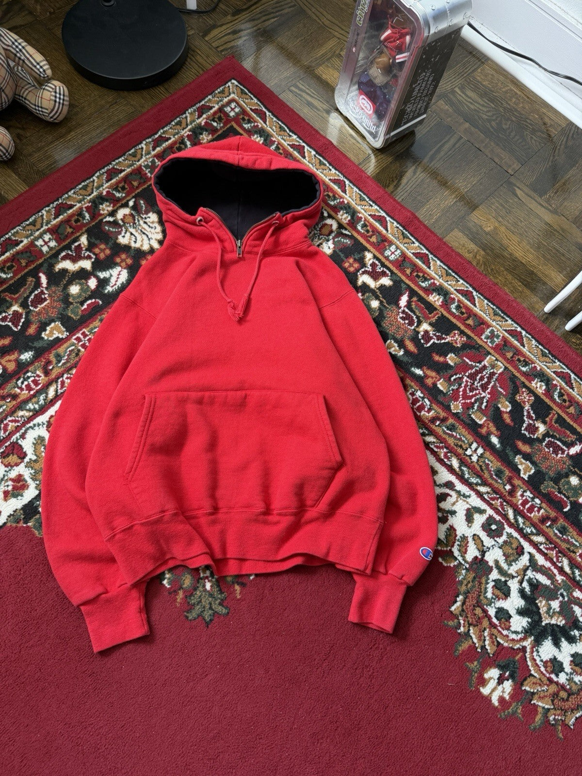 Vintage Champion Hoodie Small  80s 1/5 Zip Activewear Sweatshirt Red