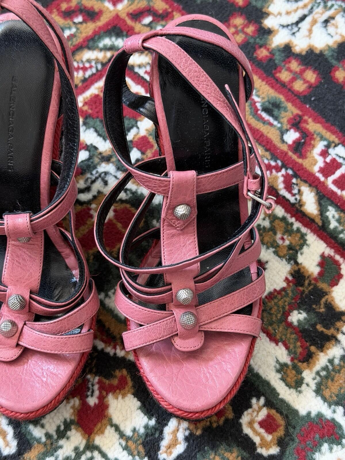 Balenciaga Pink Studded Leather Lacquered Raffia Wedge Platform Sandals Sz.36