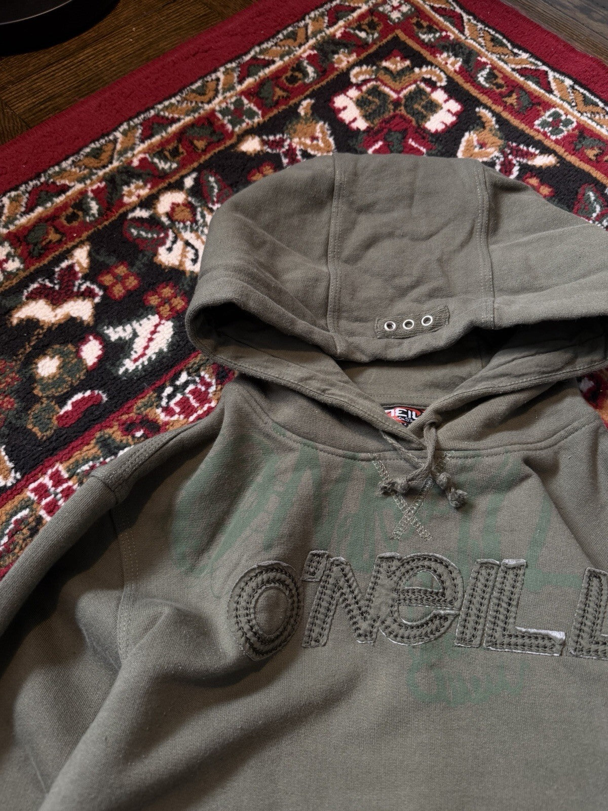 VTG Y2K Oneill Hoodie Sweatshirt Mens Size M Olive Big Spellout Logo Streetwear