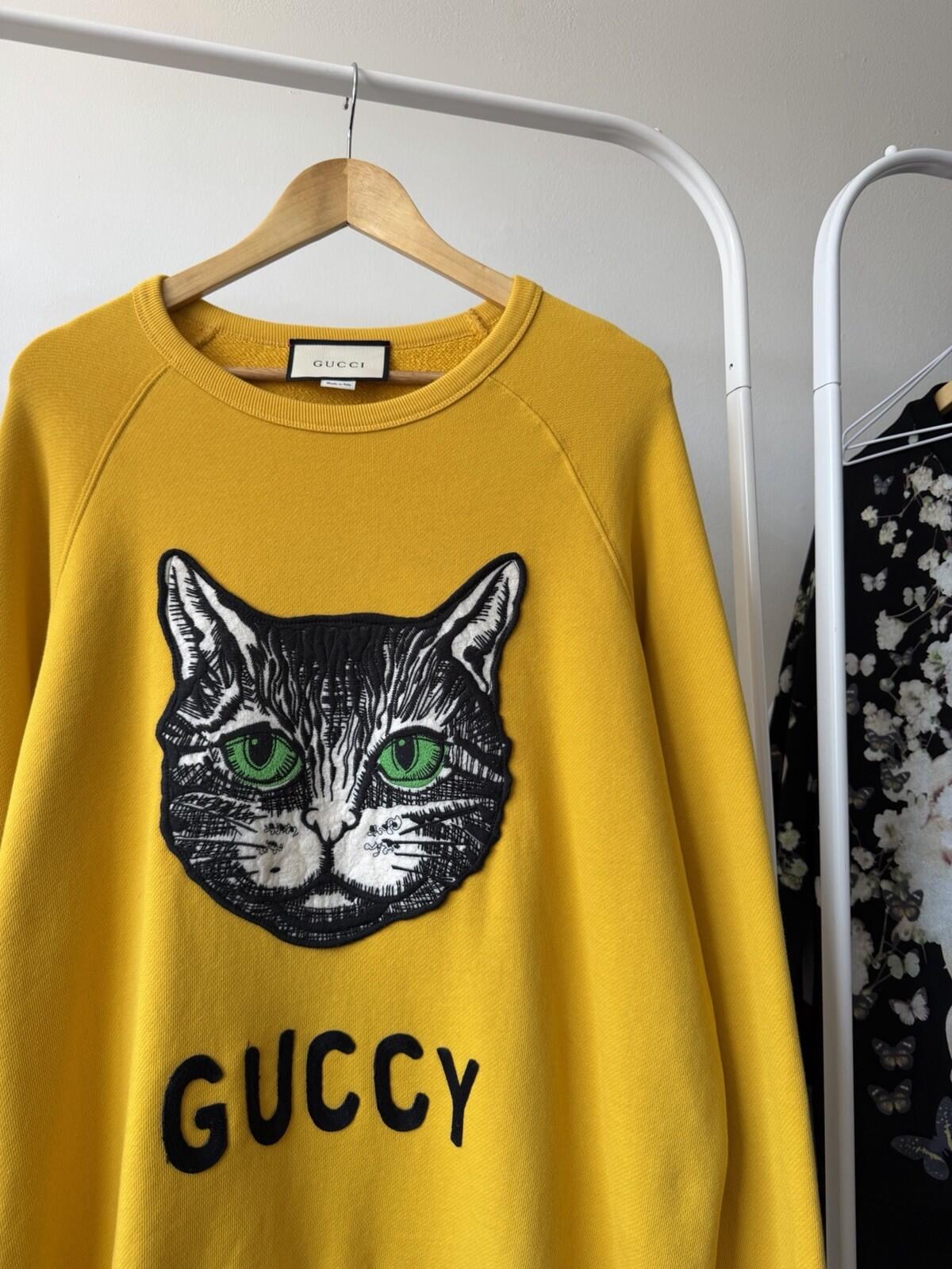 Authentic Gucci Yellow Mustard Mystic Cat Sweatshirt  L Embroidered Gucc