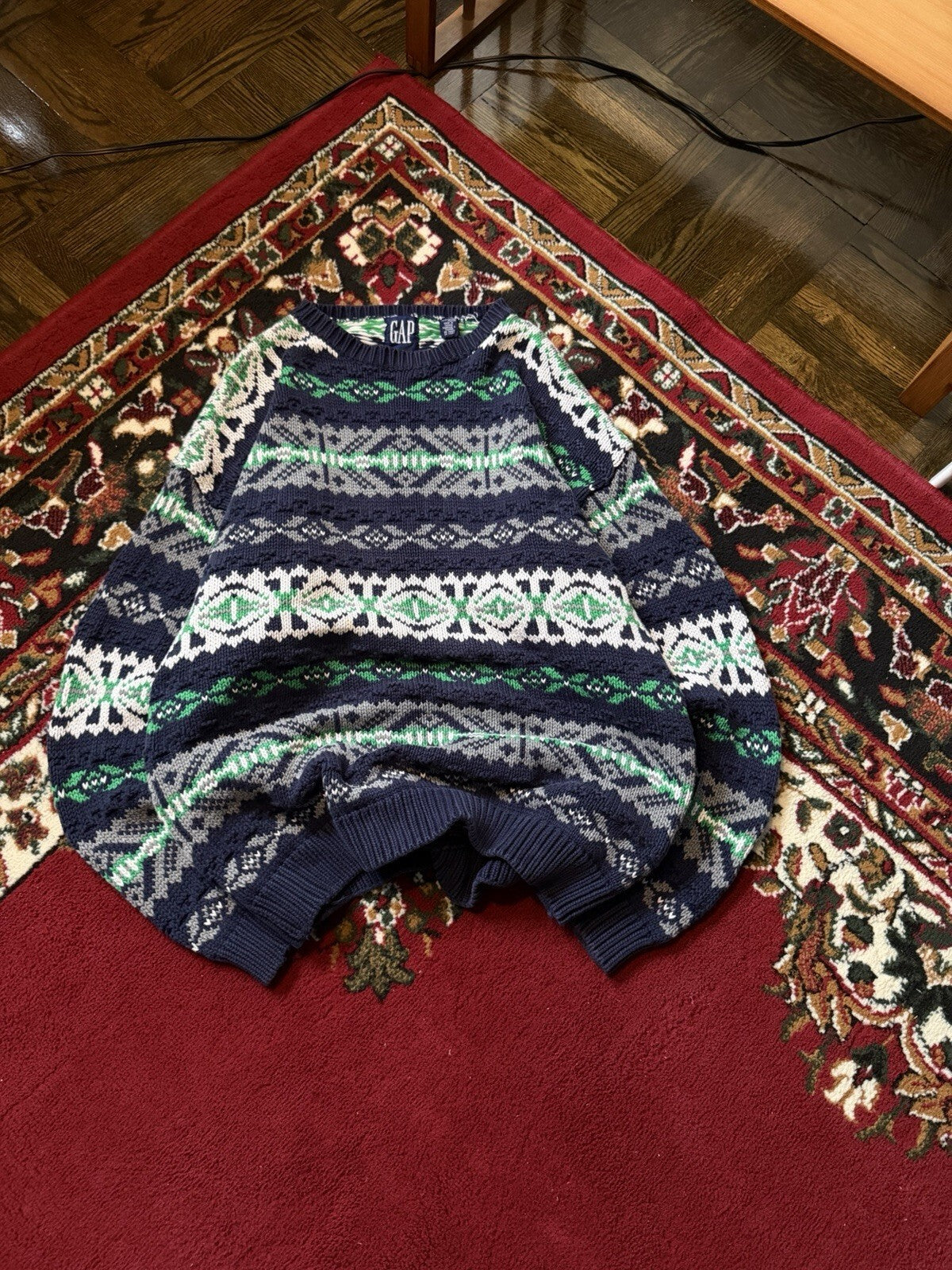 90s Gap Fair Isle Blue Grean Heavy Cotton Knit Sweater Size XL