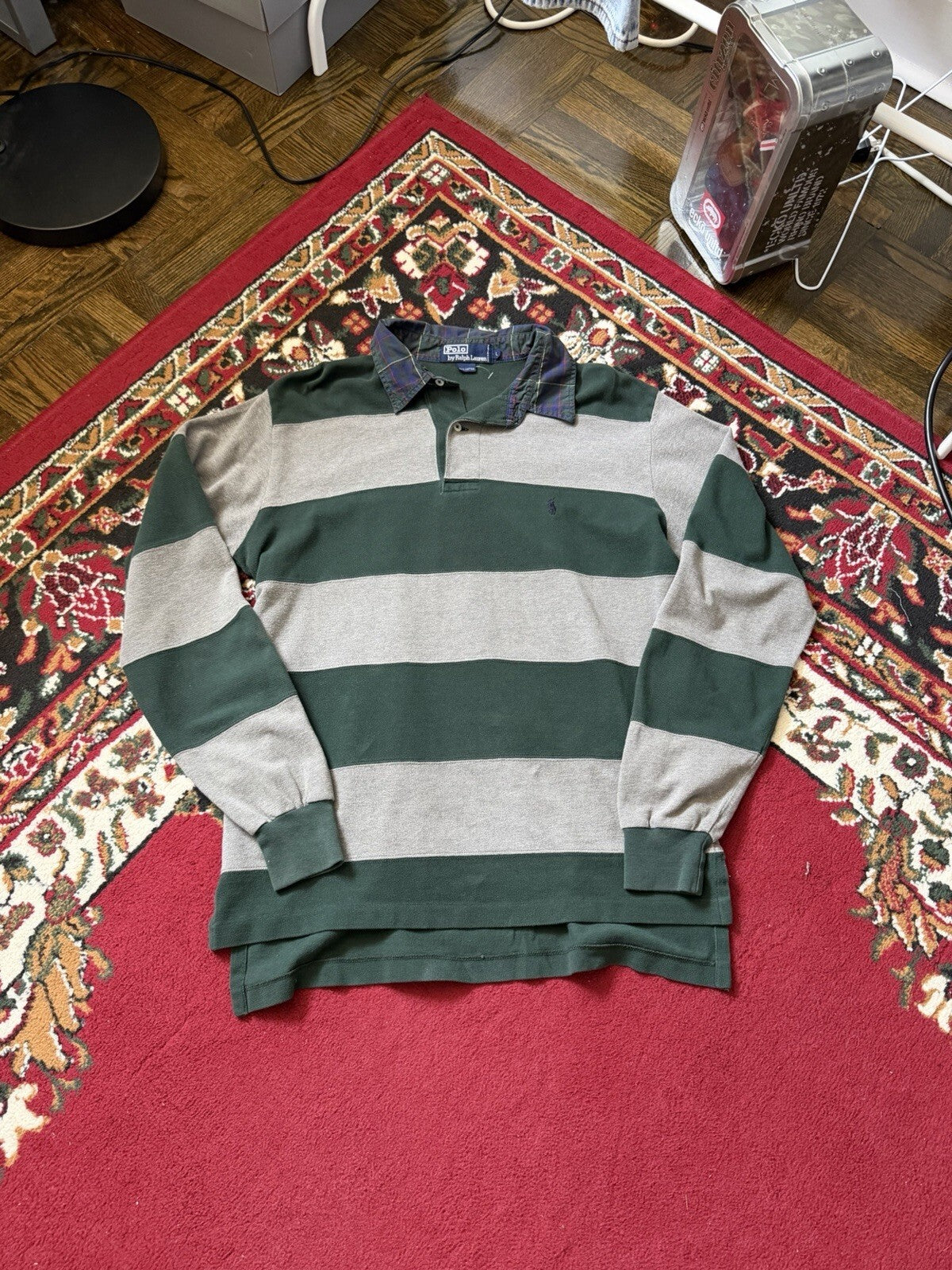Vintage Polo Ralph Lauren Men Striped Rugby Polo Long Sleeve Green (Sz L)