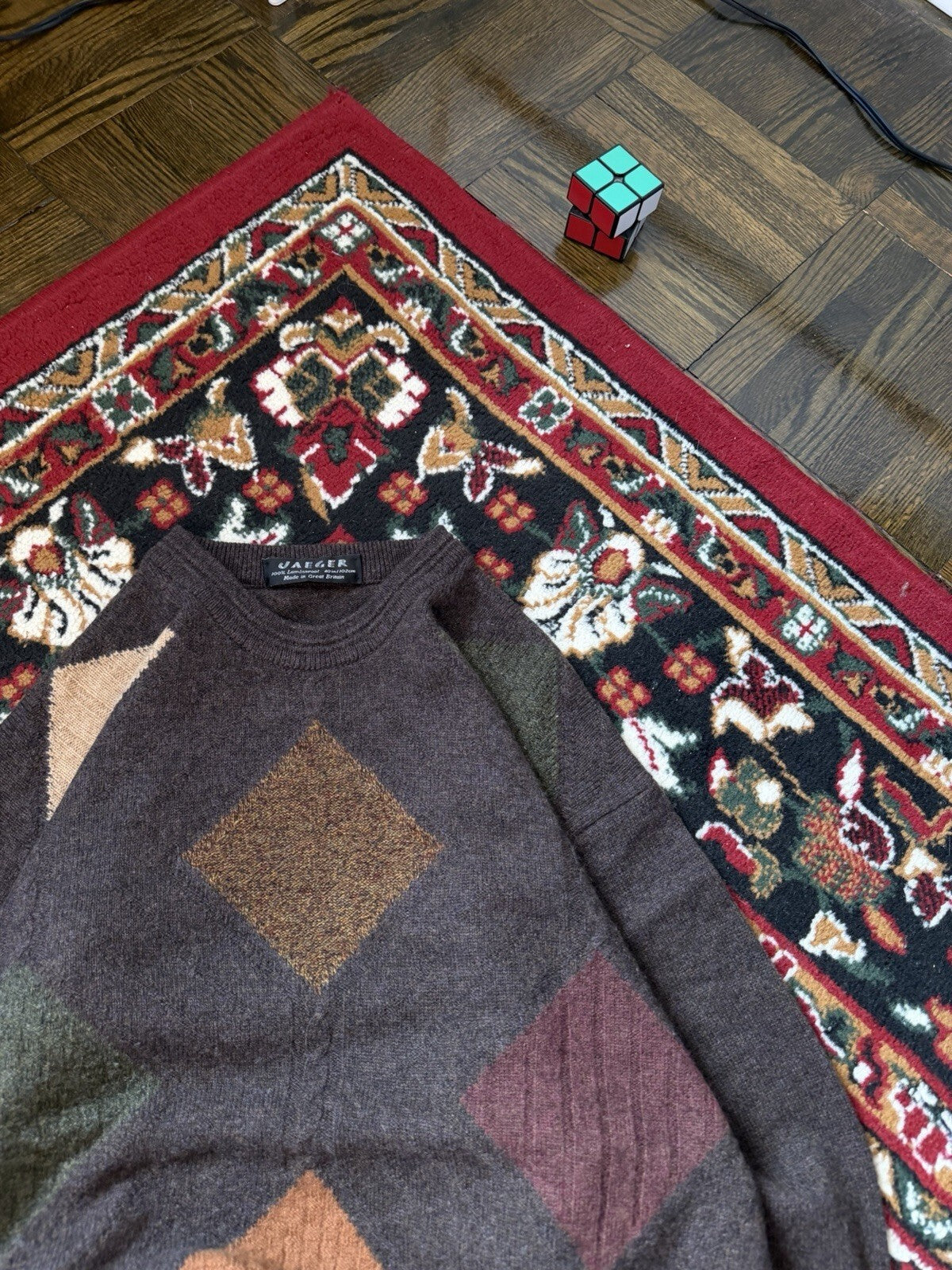 Jaeger Men’s Sweater Geometric Colorblock 100% Lambswool Made in Great Britain