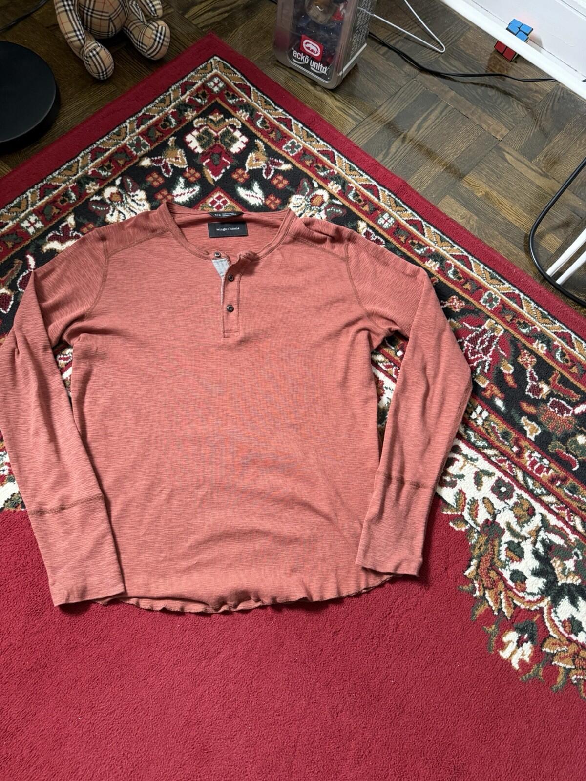Wings + Horns Shirt Mens Medium Coral Henley Crewneck Long Sleeve Sweater