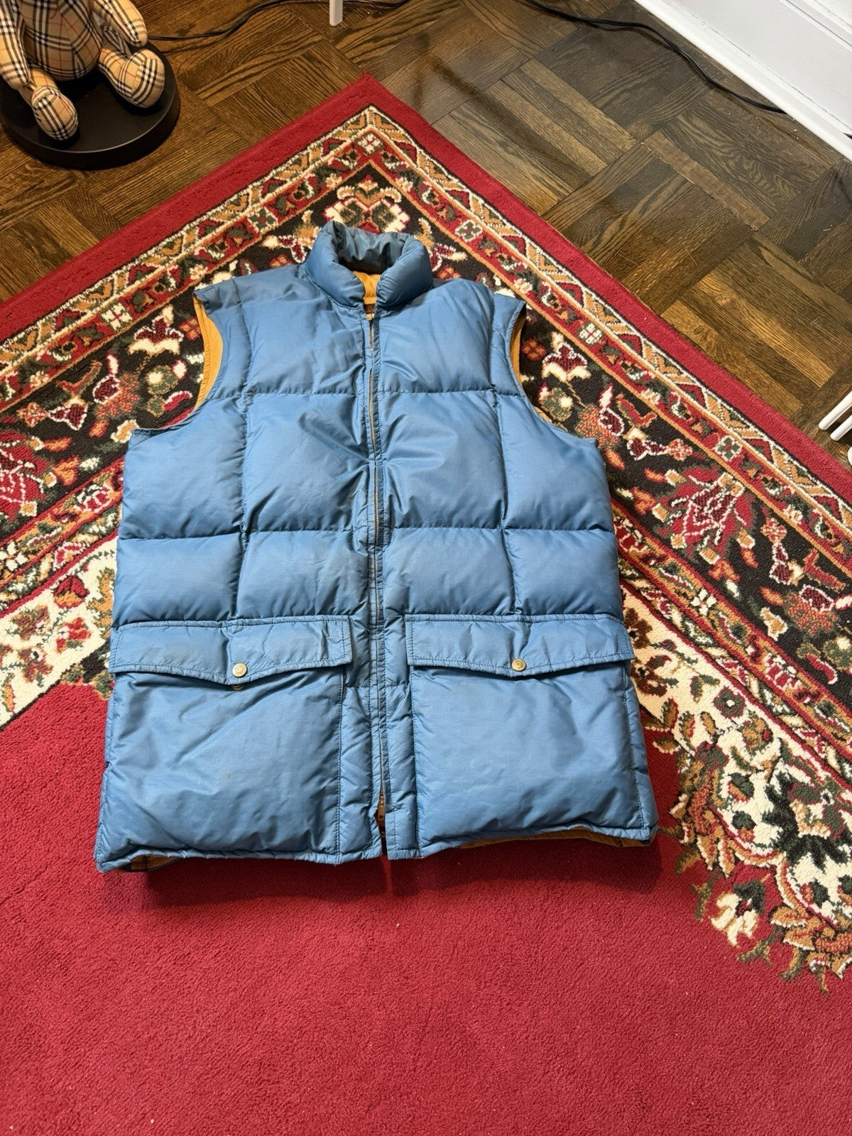 VTG 70s Eddie Bauer Goose Down Puffer Vest Blue Quilted Talon Zip Tan USA M