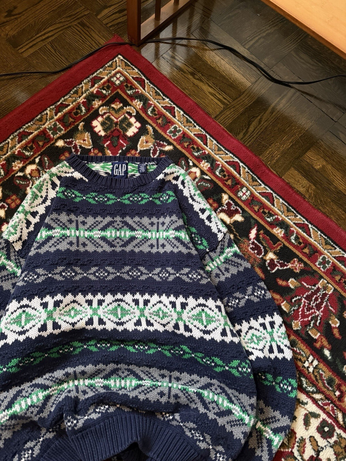 90s Gap Fair Isle Blue Grean Heavy Cotton Knit Sweater Size XL