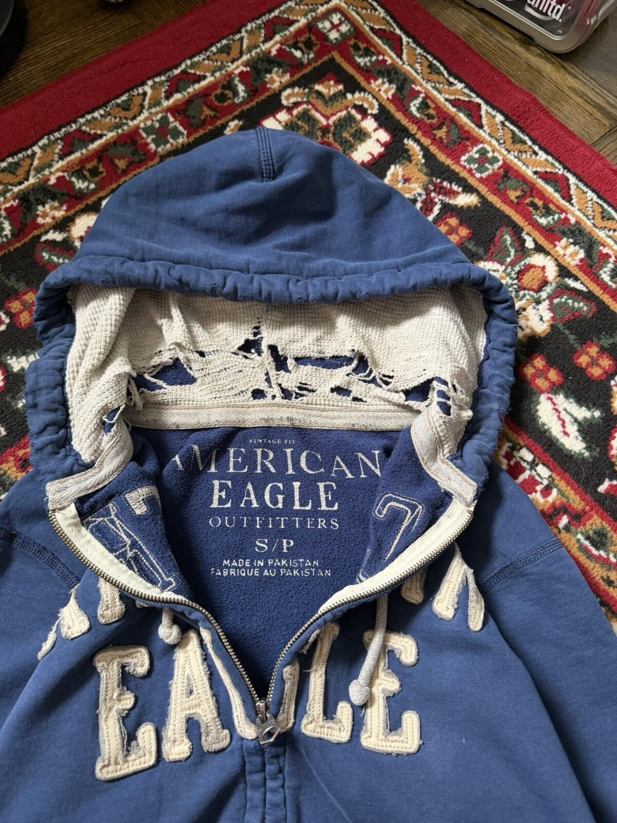 Vintage Y2K American Eagle Zip Hoodie Thermal Hood Distressed Mens Small Grunge