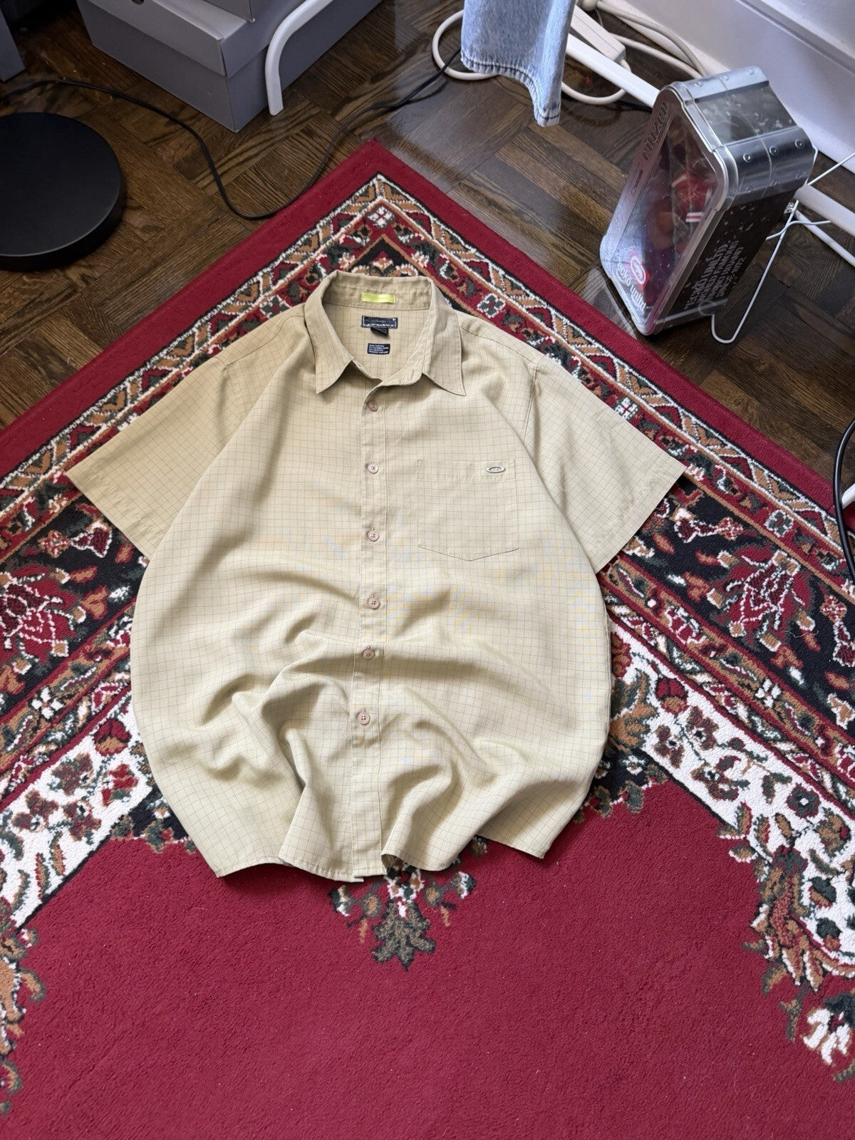 Vintage Oakley Shirt 3D Metal Logo Geometric Short Sleeve Button Up Mens L Y2K