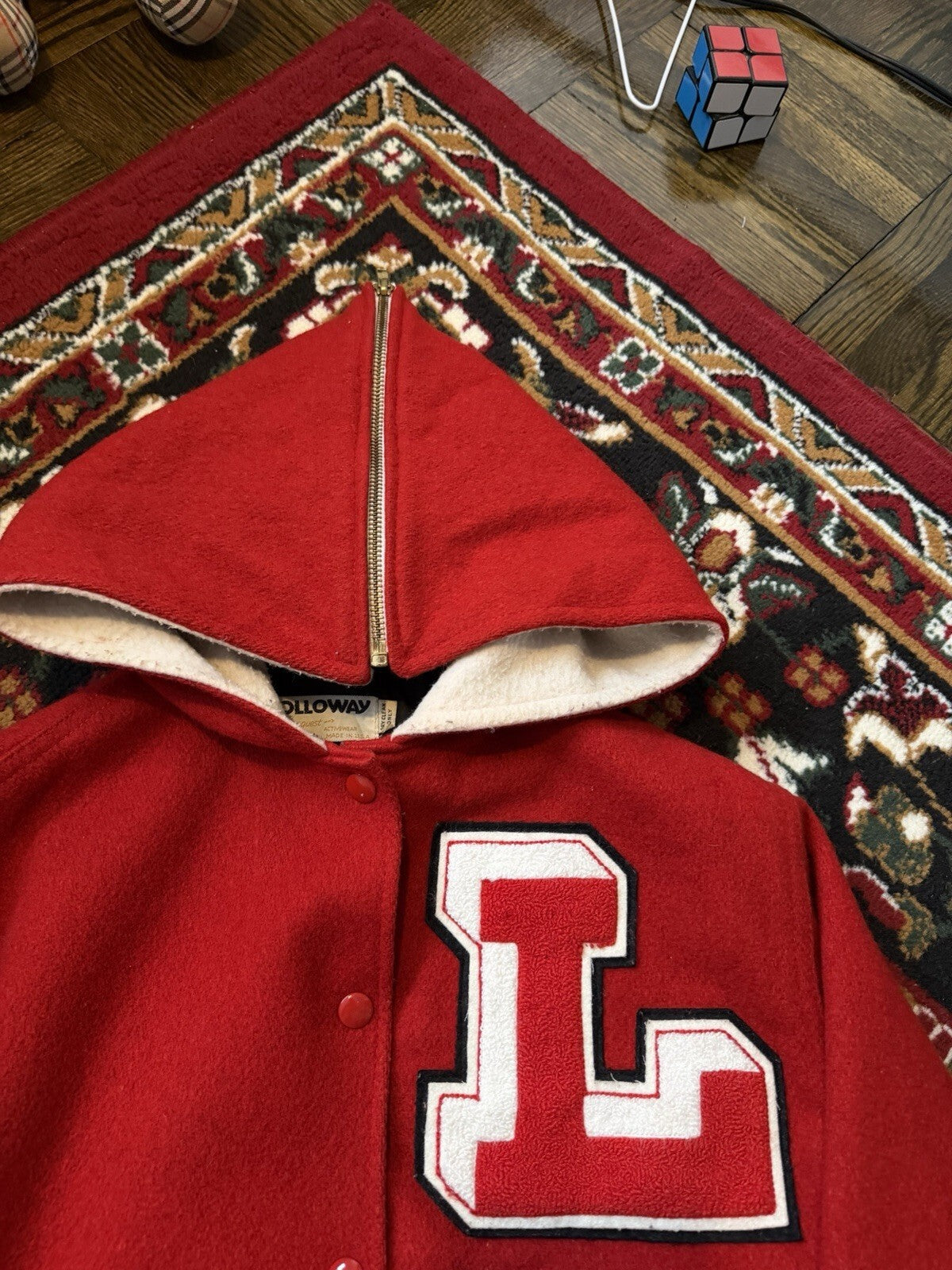90s Holloway Varsity Letterman Wool Bomber Jacket Zip Hood Red Women’s Medium
