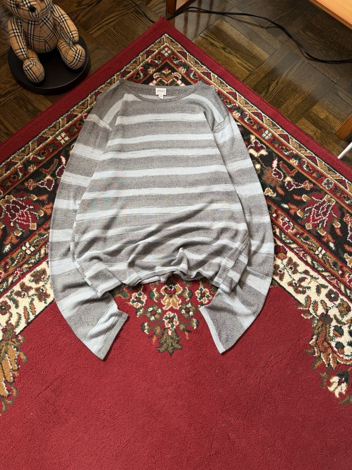 Armani Collezioni Mens Gingham Sweater XL Gray Blue Linen Viscose