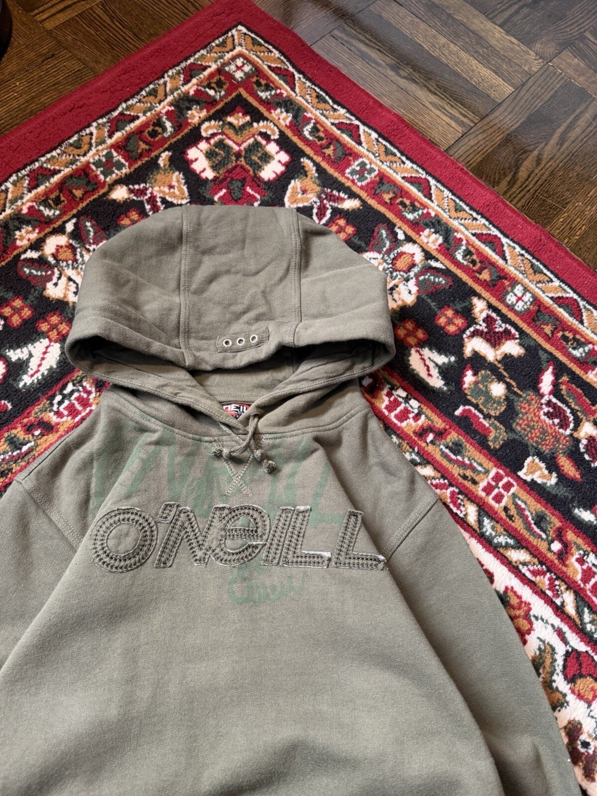 VTG Y2K Oneill Hoodie Sweatshirt Mens Size M Olive Big Spellout Logo Streetwear