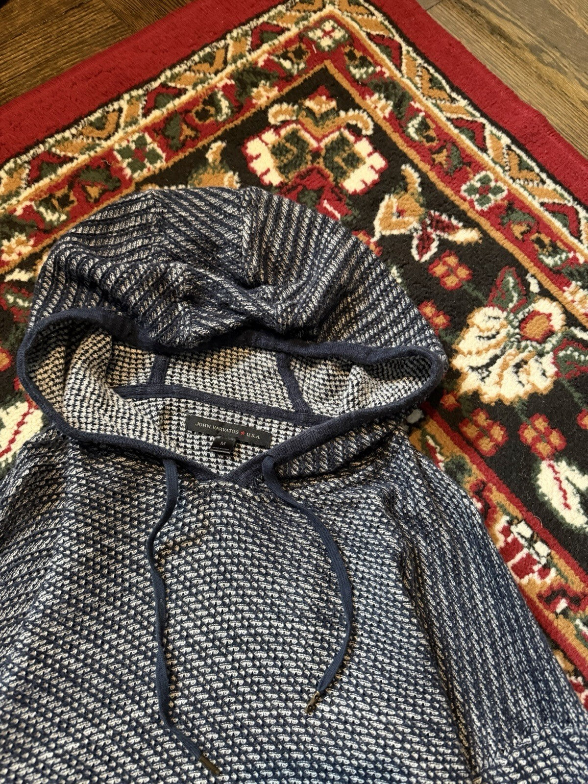John Varvatos Knit Hoodie Mens Large Cotton Long Sleeve Pullover Textured Slim