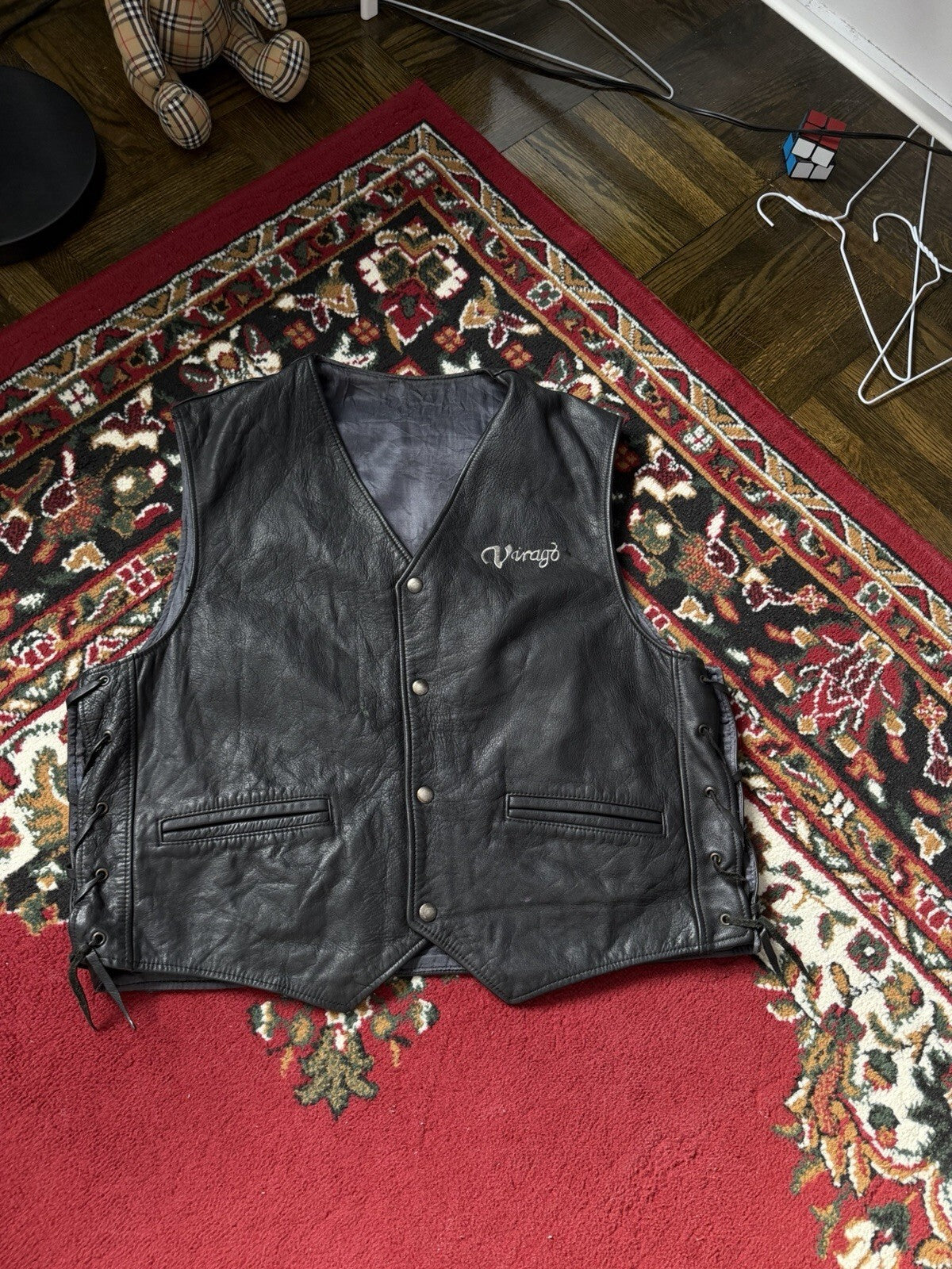 Yamaha Virago Motorcycle Vest Leather Men XXL Black Snap Lined