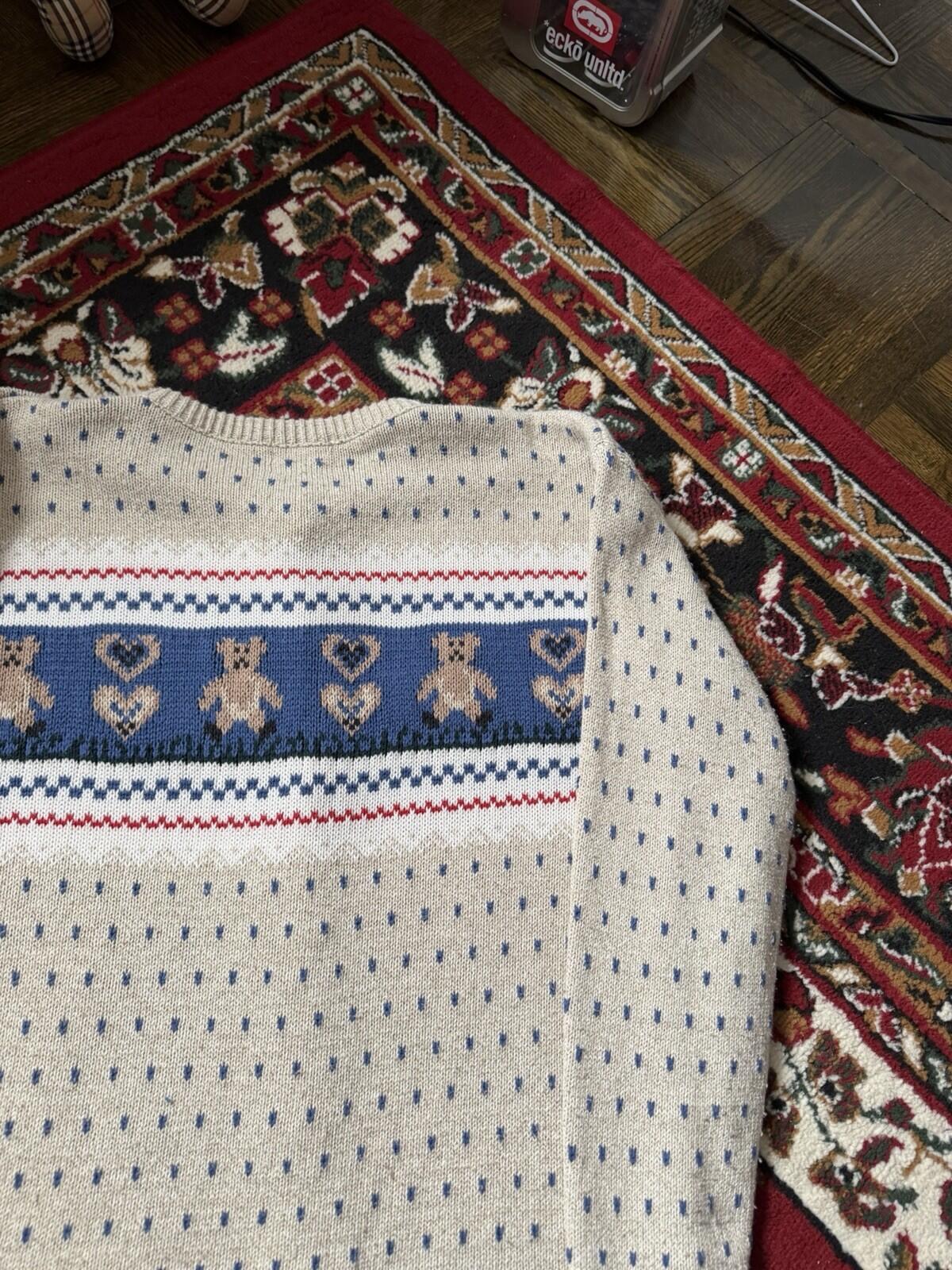 Vintage Cottage Cove Teddy Bear Knit Cardigan Sweater Size S Beige