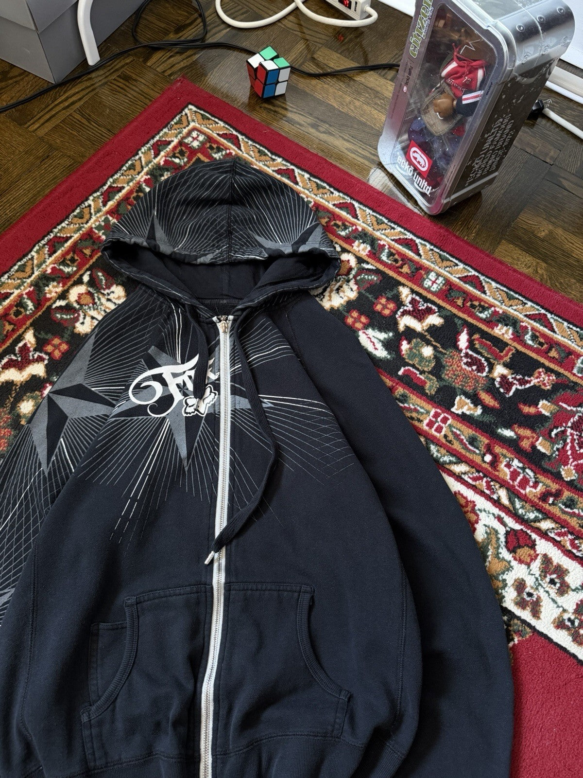 Y2K Fox Vintage All Over Print Grunge Women's XL Black Full-Zip Up Hoodie