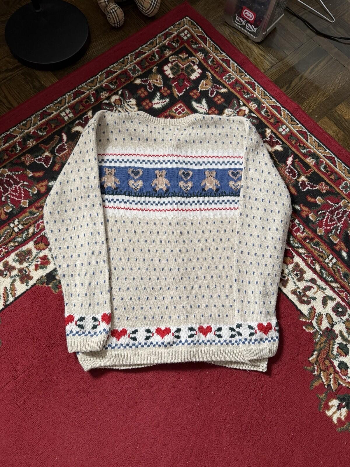 Vintage Cottage Cove Teddy Bear Knit Cardigan Sweater Size S Beige