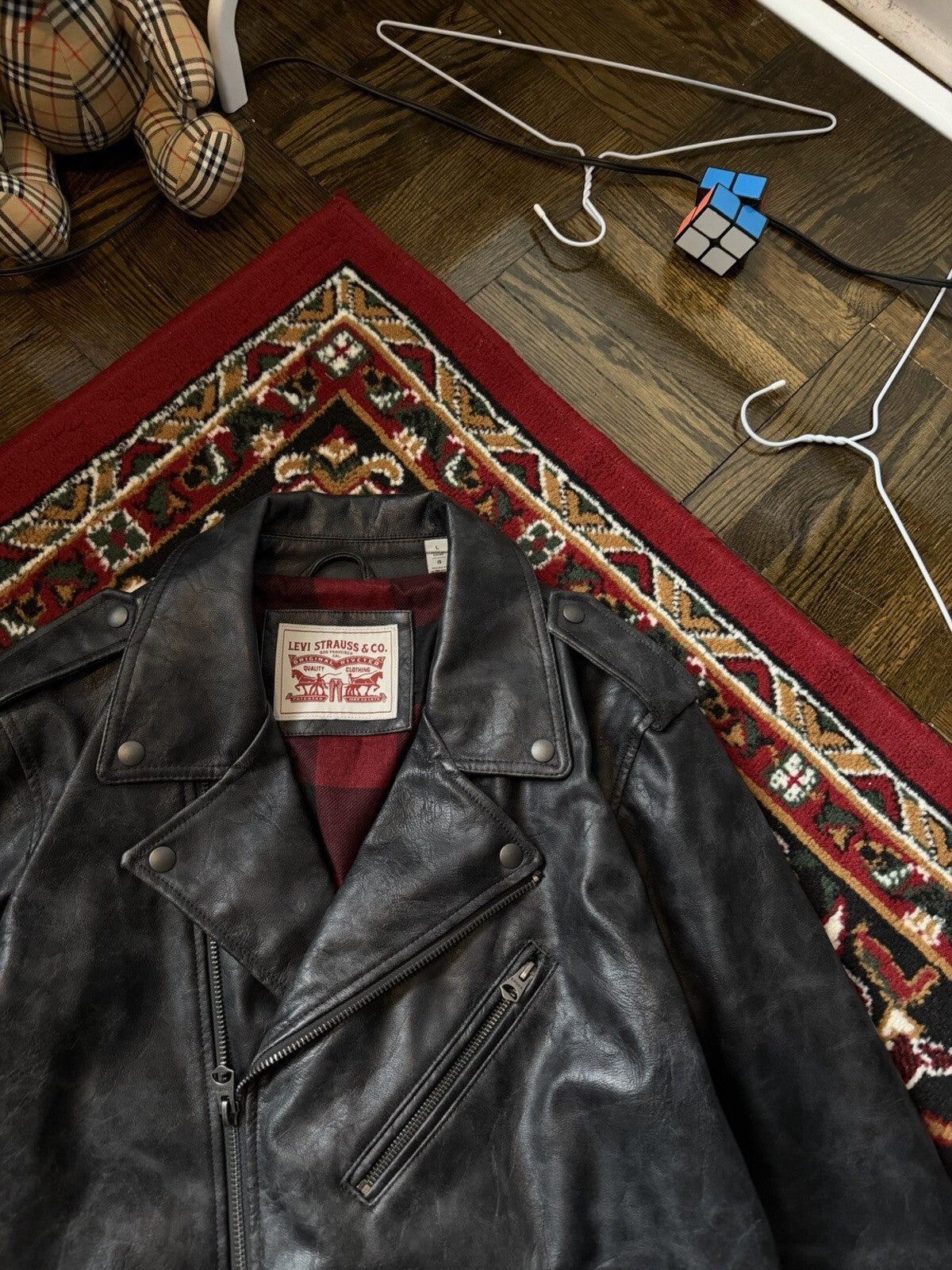 Levi’s Black Faux Leather Moto Jacket Men’s Large Biker USA Buffalo Plaid Lining