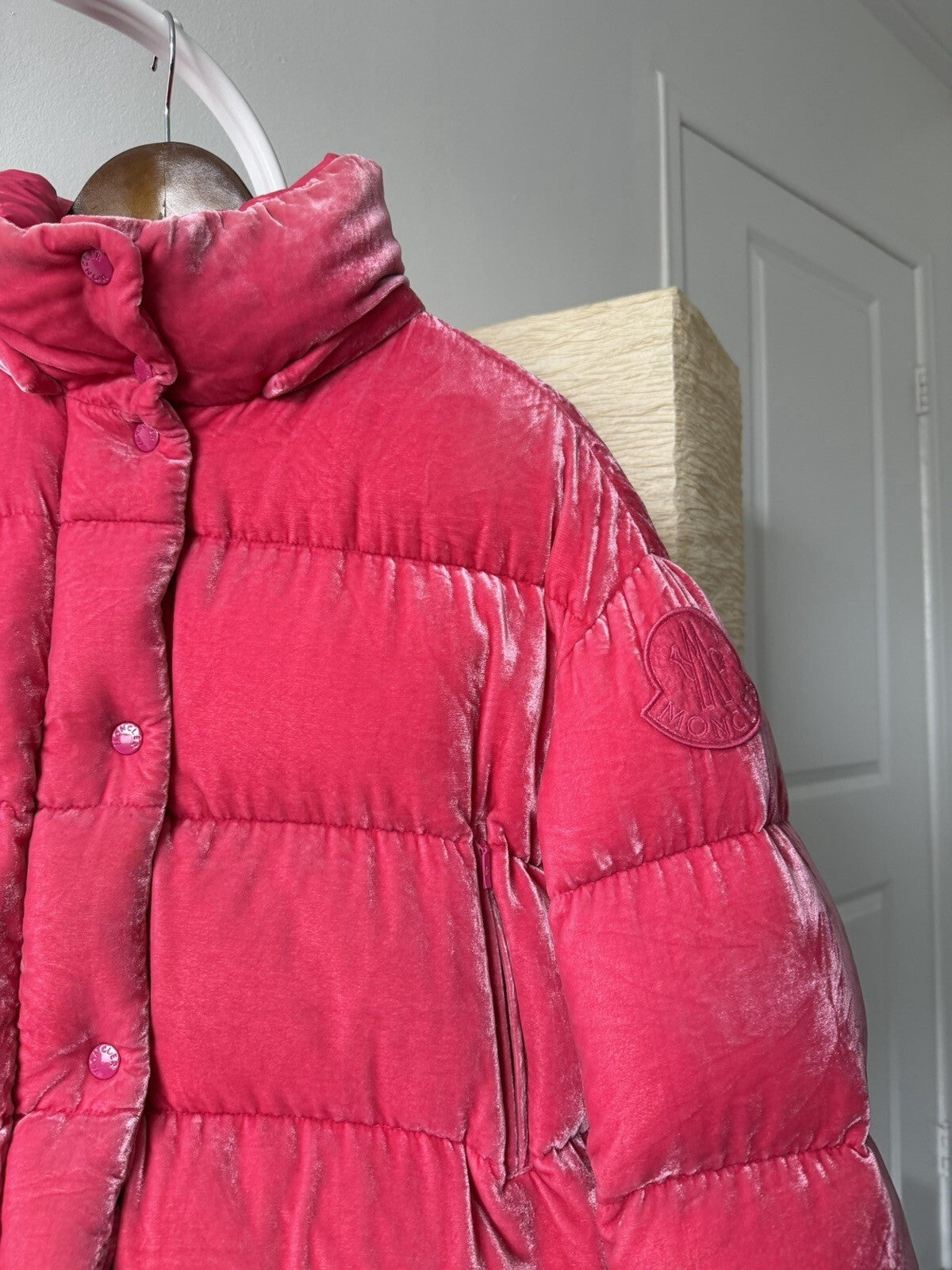 Moncler Fuchsia Caille Velvet Puffer Jacket Coat Womens 0 Pink